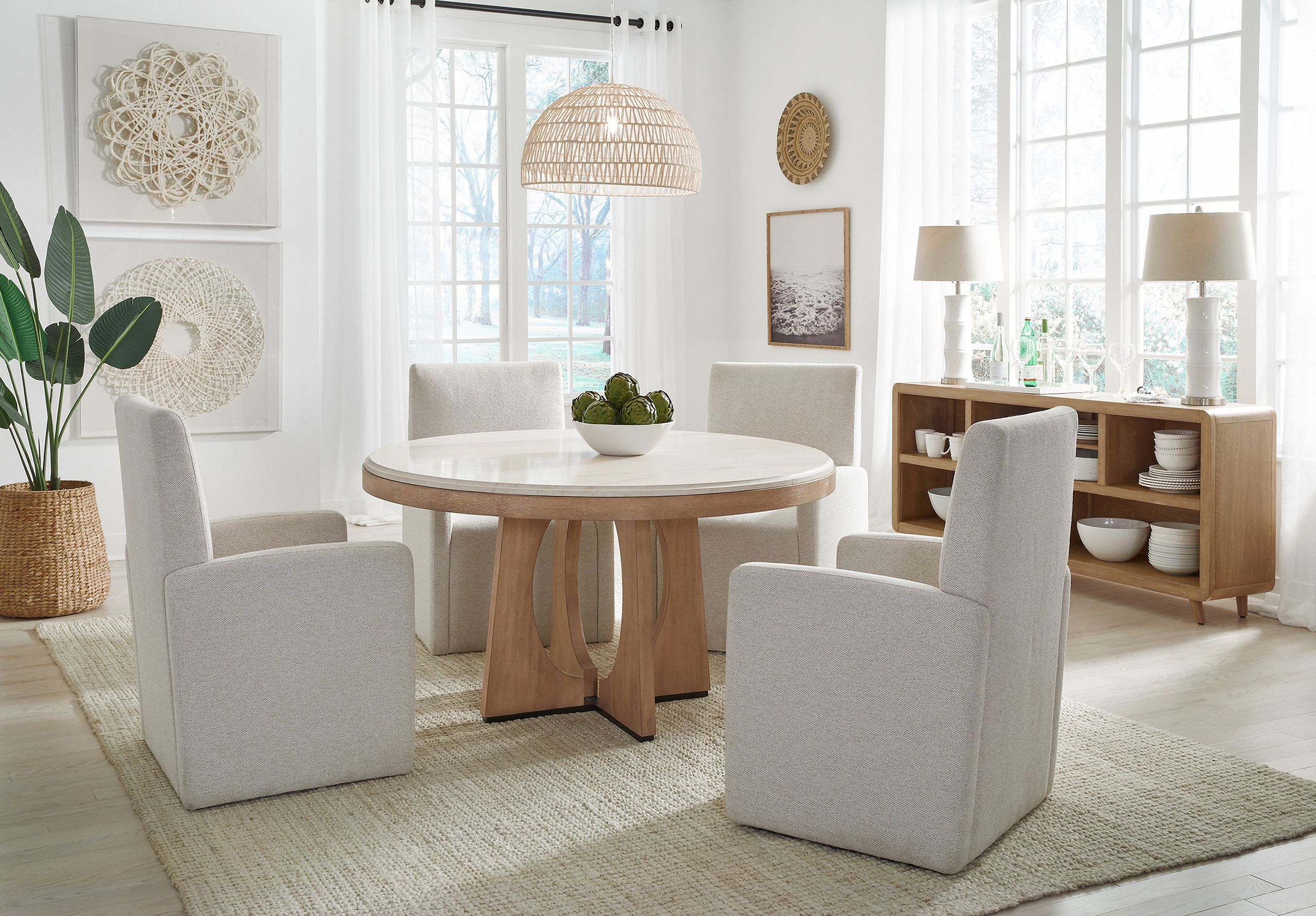 The appearance of Escape 54 Inch Round Dining Set In Light Brown designed by Parker House in the transitional interior design. This light brown piece of furniture was selected by 1StopBedrooms from Escape Collection to add a touch of cosiness and style into your home. Sku: DESC#54B;DESC#54T;DESC#2618;DESC#2618;DESC#2618;DESC#2618. Table Base Style: Pedestal. Table Top Shape: Round. Material: Rubberwood. Size: 54".