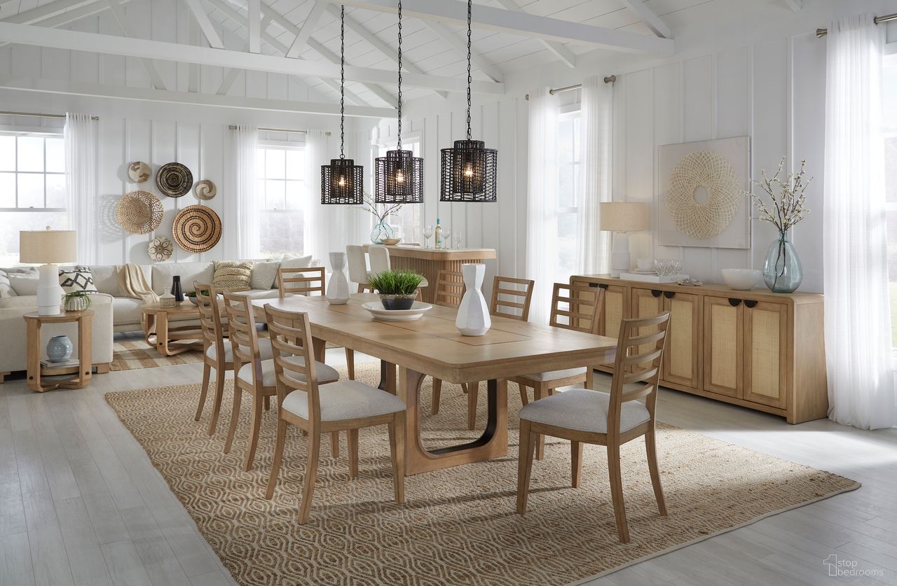 The appearance of Escape 84 Inch Extendable Dining Room Set In Light Brown designed by Parker House in the transitional interior design. This light brown piece of furniture  was selected by 1StopBedrooms from Escape Collection to add a touch of cosiness and style into your home. Sku: DESC#84B;DESC#84T;DESC#2018. Table Base Style: Double Pedestal. Table Top Shape: Rectangular. Material: Rubberwood. Size: 44" x 84".