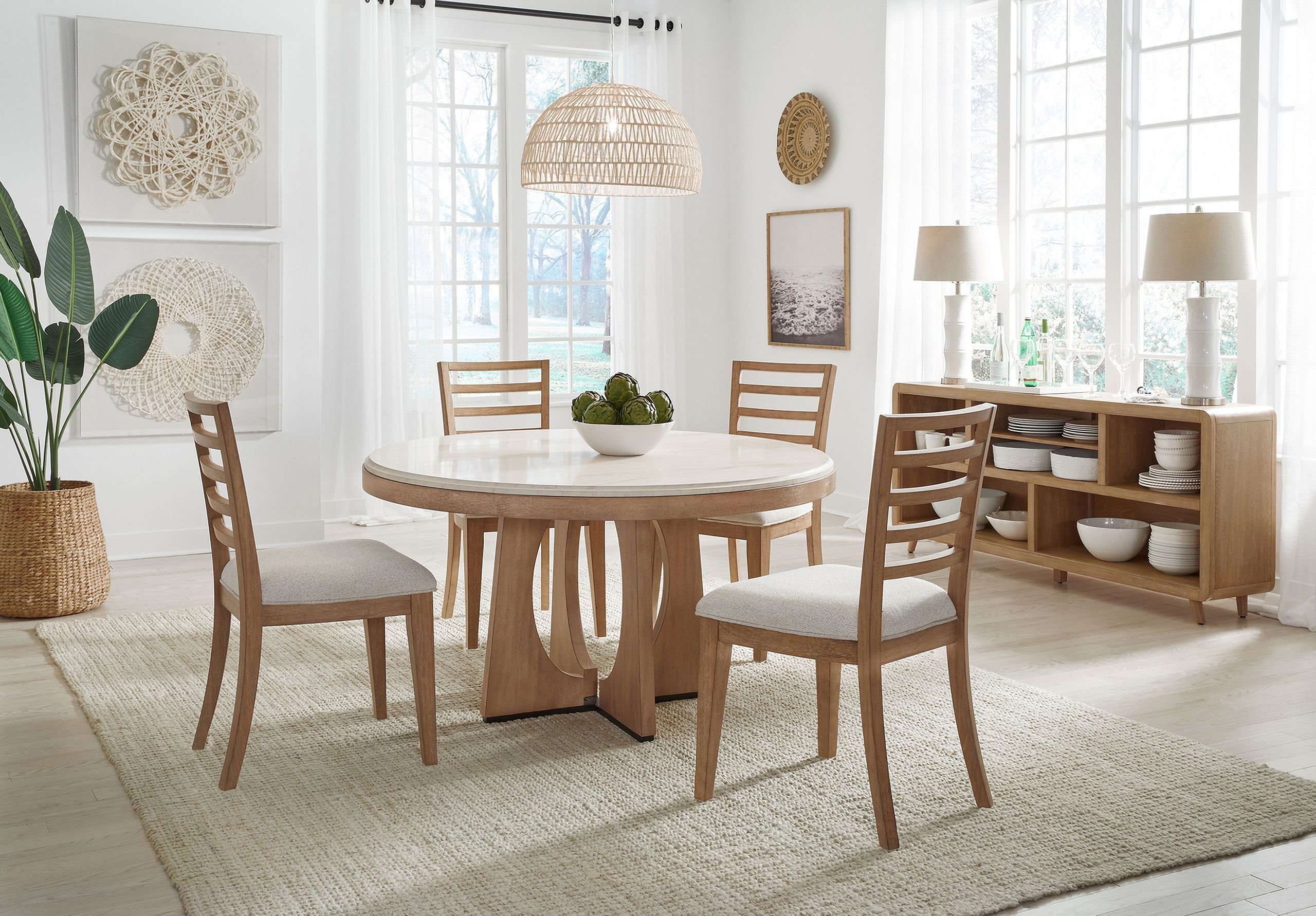 The appearance of Escape Round Dining Room Set In Light Brown designed by Parker House in the transitional interior design. This light brown piece of furniture was selected by 1StopBedrooms from Escape Collection to add a touch of cosiness and style into your home. Sku: DESC#54B;DESC#54T;DESC#2018;DESC#2018;DESC#2018;DESC#2018. Table Base Style: Pedestal. Table Top Shape: Round. Material: Rubberwood. Size: 54".