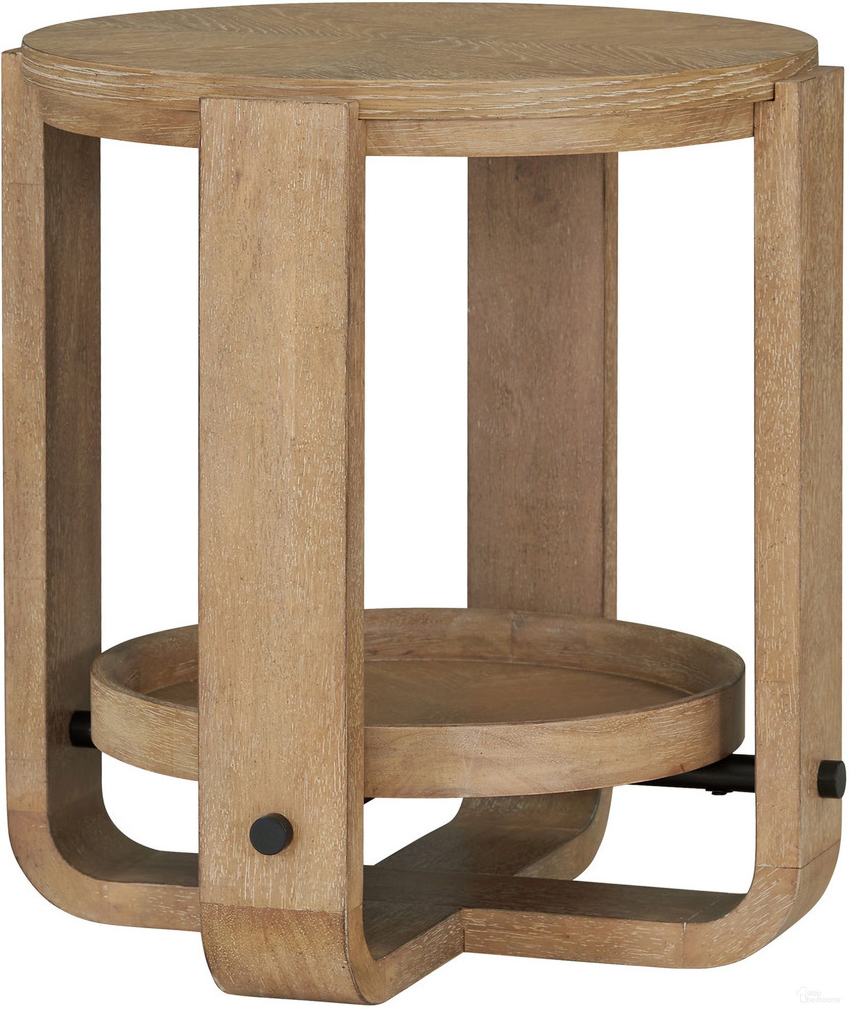 Escape Round End Table with Shelf In Glazed Natural Oak Black Metal Trim