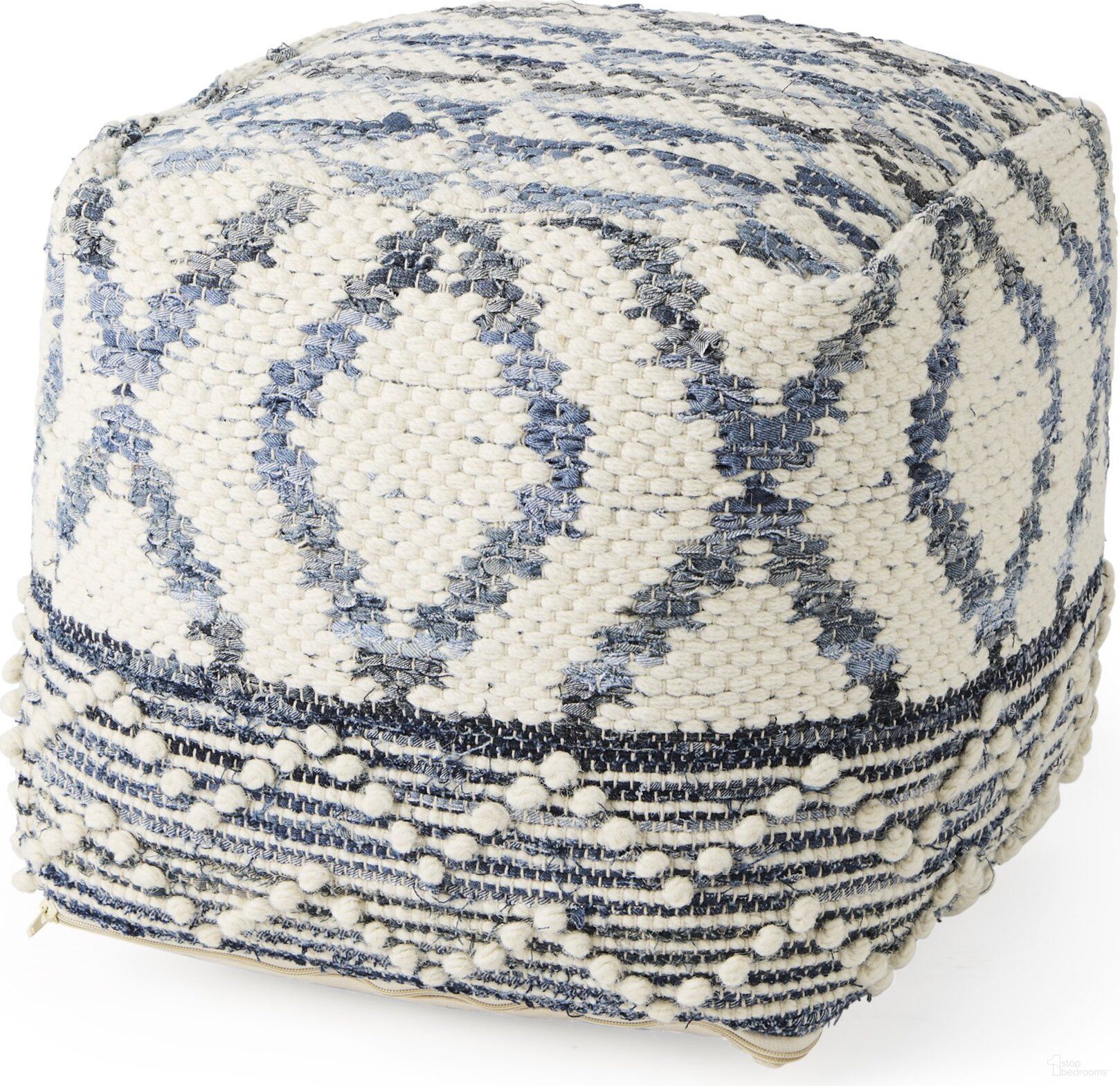 The appearance of Eshana Wool and Denim Patterned Pouf In Cream designed by Mercana in the transitional interior design. This cream piece of furniture was selected by 1StopBedrooms from Eshana Collection to add a touch of cosiness and style into your home. Sku: 69519. Material: Wool.