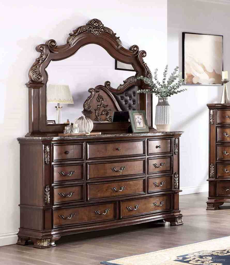 The appearance of Esparanza Dresser In Brown Cherry designed by Furniture of America in the traditional interior design. This brown cherry piece of furniture  was selected by 1StopBedrooms from Esparanza Collection to add a touch of cosiness and style into your home. Sku: CM7478CH-D. Material: Leather.