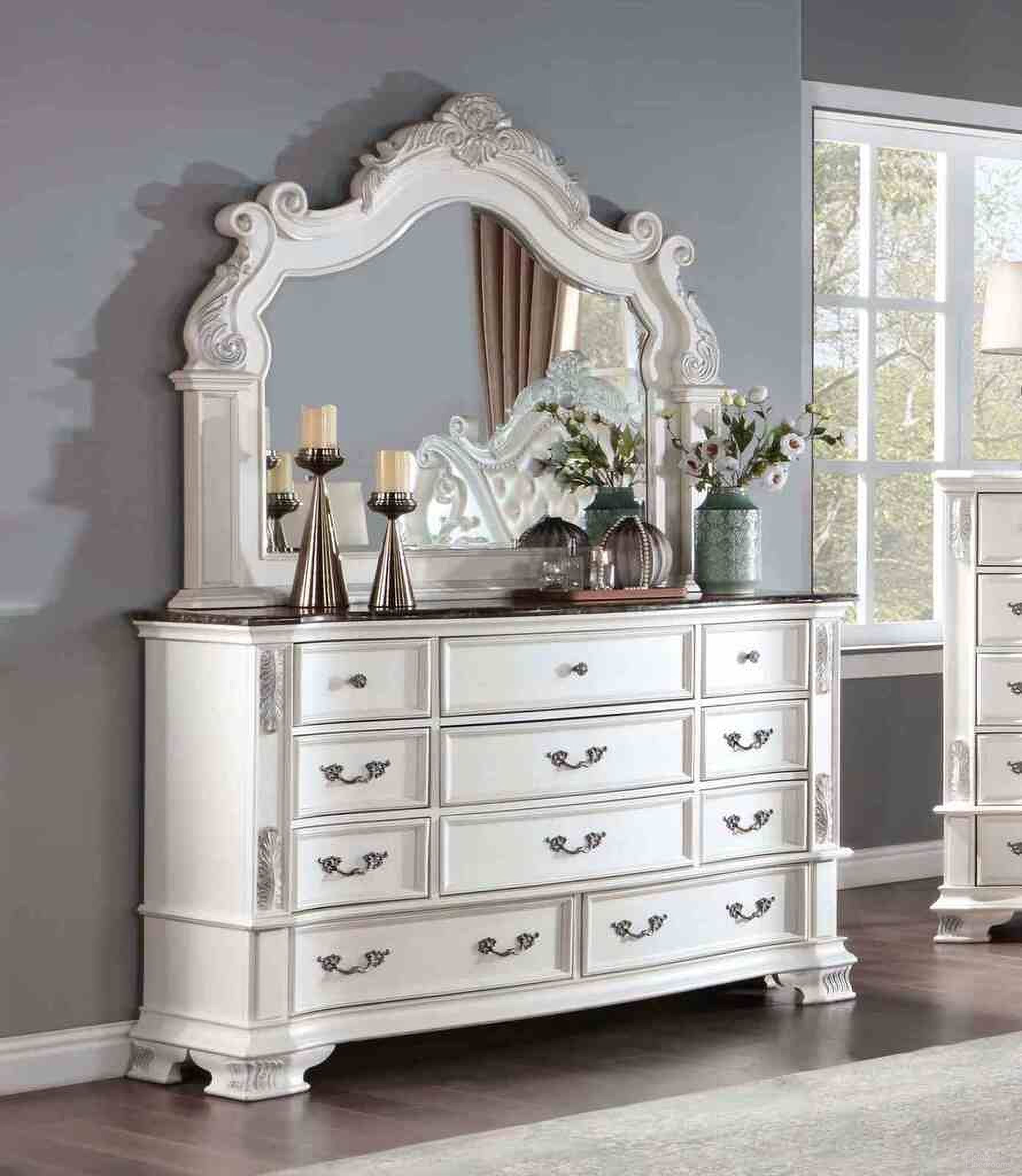 The appearance of Esparanza Dresser In Pearl White designed by Furniture of America in the traditional interior design. This pearl white piece of furniture was selected by 1StopBedrooms from Esparanza Collection to add a touch of cosiness and style into your home. Sku: CM7478WH-D. Material: Leather.