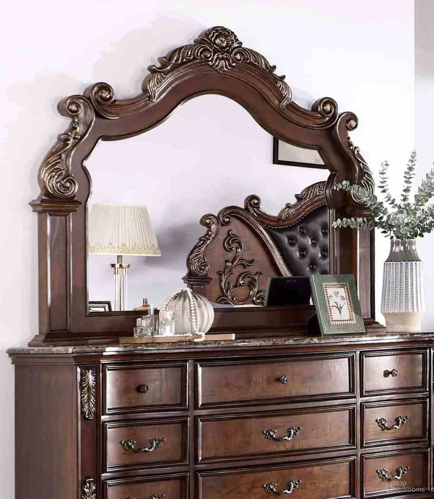 The appearance of Esparanza Mirror In Brown Cherry designed by Furniture of America in the traditional interior design. This brown cherry piece of furniture  was selected by 1StopBedrooms from Esparanza Collection to add a touch of cosiness and style into your home. Sku: CM7478CH-M. Material: Leather.