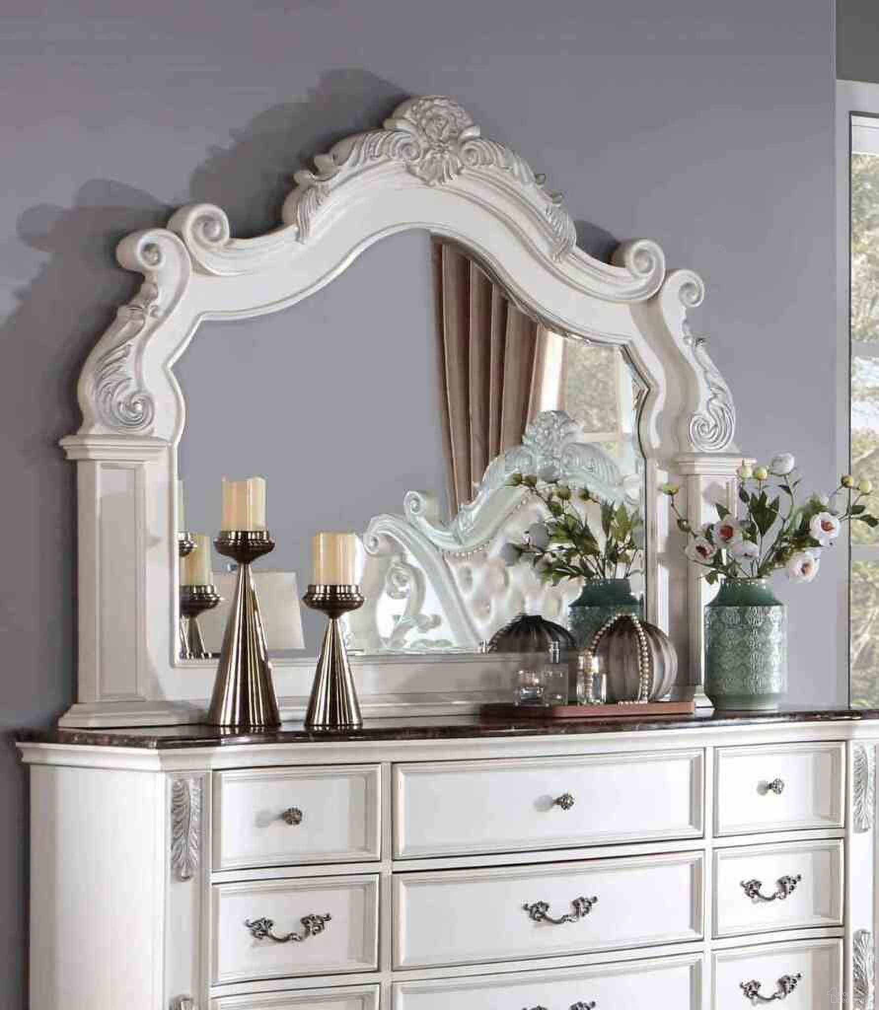 The appearance of Esparanza Mirror In Pearl White designed by Furniture of America in the traditional interior design. This pearl white piece of furniture was selected by 1StopBedrooms from Esparanza Collection to add a touch of cosiness and style into your home. Sku: CM7478WH-M. Material: Leather.