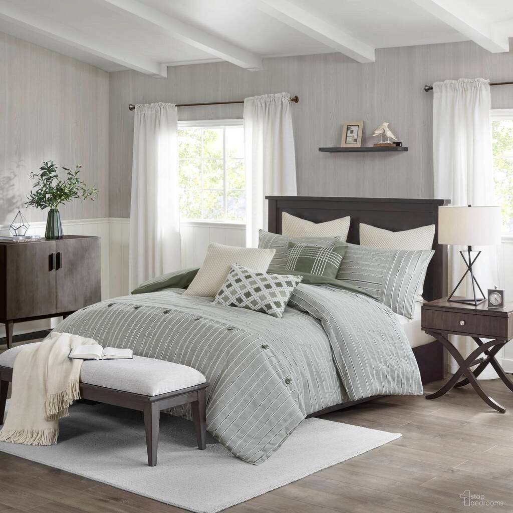Essence Oversized Cotton Clipped Jacquard Comforter Set with Euro Shams and Throw Pillows In Green