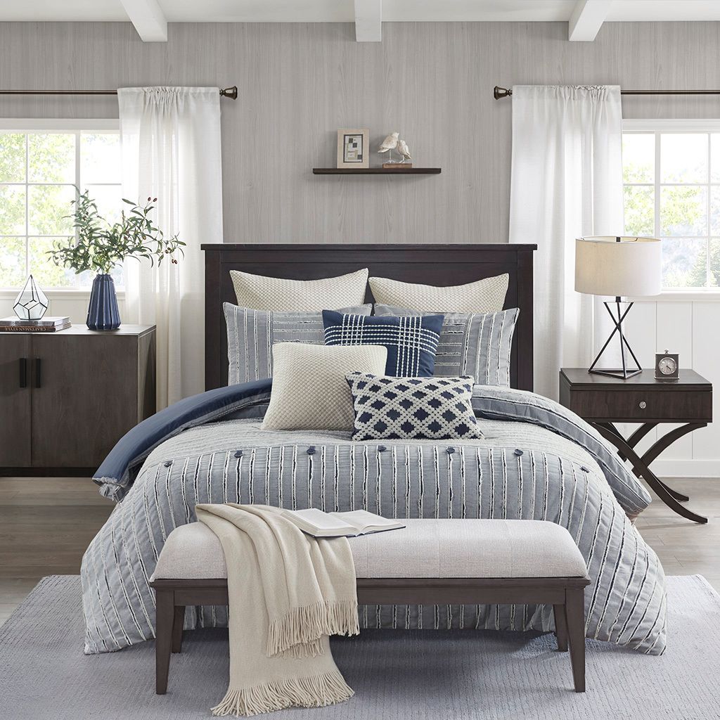 The appearance of Essence Oversized Cotton Clipped Jacquard 9 Piece King Comforter Set with Euro Shams and Throw Pillows In Blue designed by Olliix in the country / farmhouse interior design. This blue piece of furniture was selected by 1StopBedrooms from Essence Collection to add a touch of cosiness and style into your home. Sku: MPS10-538. Bed Size: King. Material: Cotton.