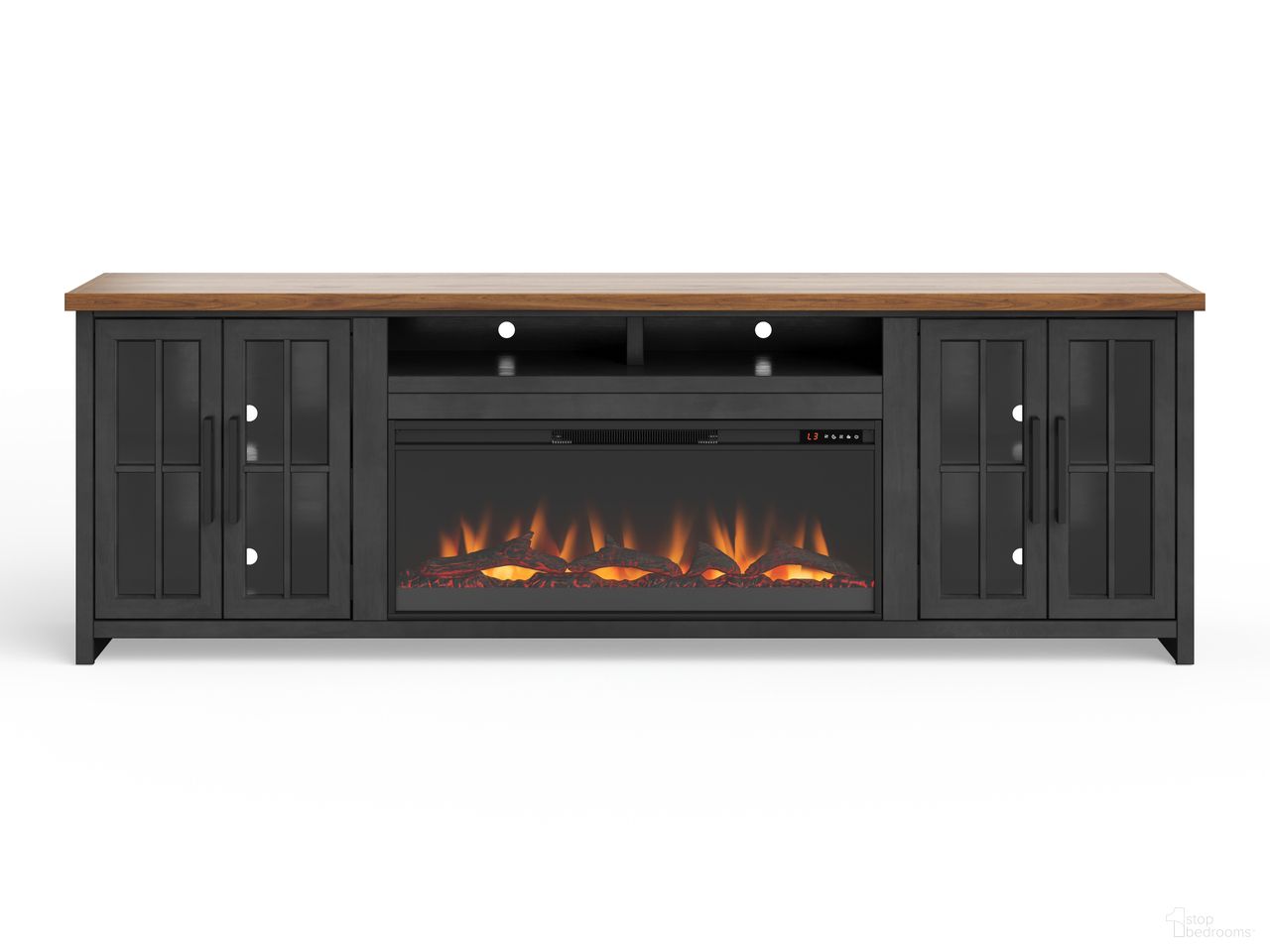 The appearance of Essex 97 Inch Fireplace TV Stand Console In Black and Whiskey designed by Legends Home in the country / farmhouse interior design. This black/whiskey piece of furniture  was selected by 1StopBedrooms from Essex Collection to add a touch of cosiness and style into your home. Sku: ES5410E.SWK. Material: Poplar Solid.