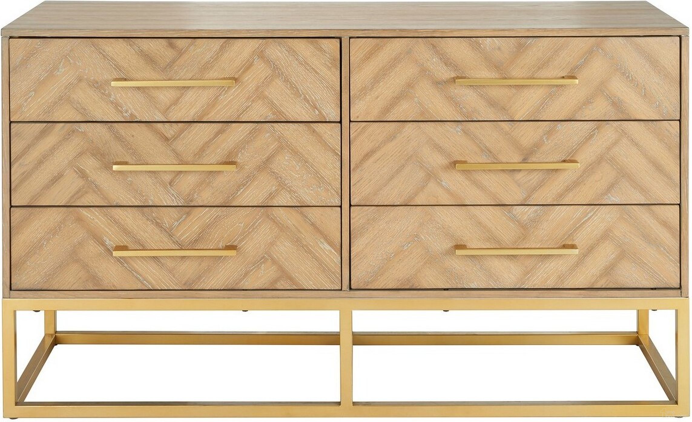 The appearance of Estelle Dresser In Rustic Oak And Gold designed by Safavieh Couture in the modern / contemporary interior design. This gold piece of furniture  was selected by 1StopBedrooms from Estelle Collection to add a touch of cosiness and style into your home. Sku: SFV2105D. Material: Wood.