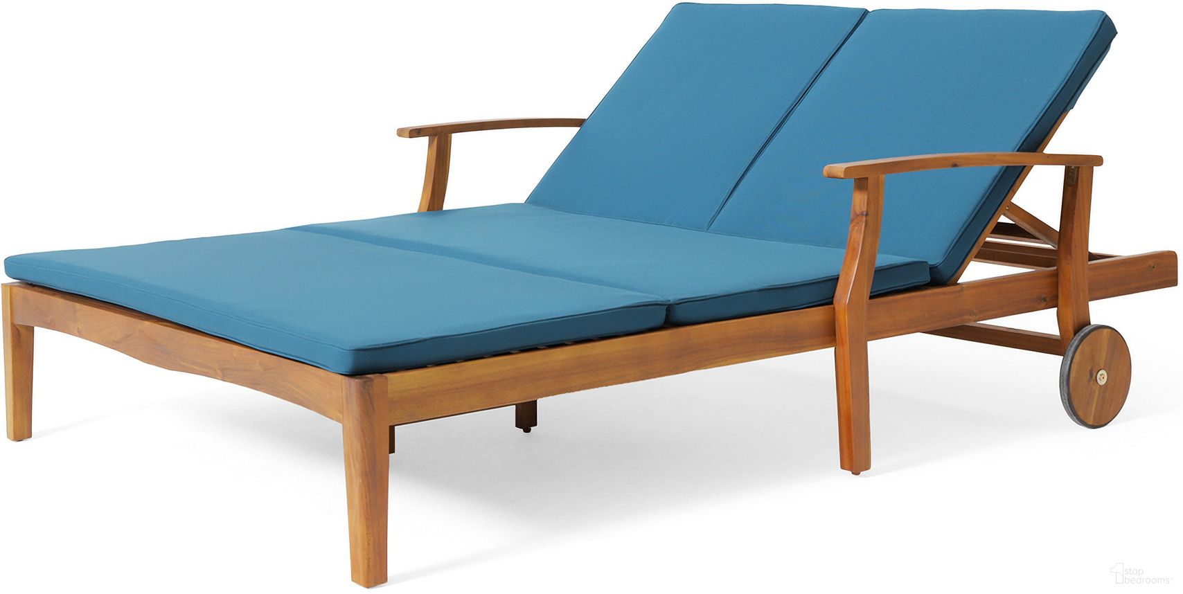 The appearance of Etherealize Outdoor Adjustable Double Chaise Lounge with Water-Resistant Cushions In Teak and Blue designed by Noble House in the rustic / southwestern interior design. This teak and blue piece of furniture  was selected by 1StopBedrooms from Etherealize Collection to add a touch of cosiness and style into your home. Sku: 63357.00BLU. Material: Acacia Wood.