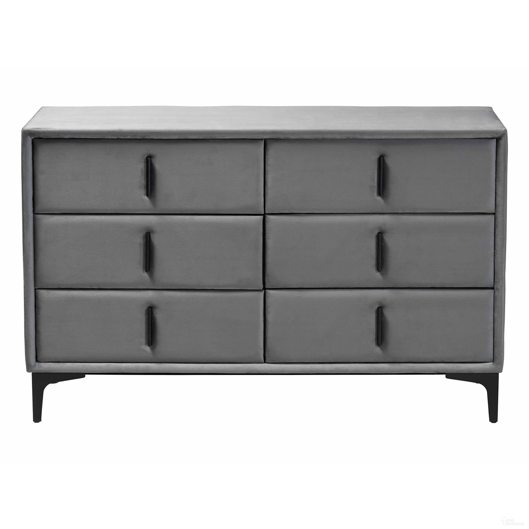 The appearance of Etienne Velvet 6-Drawer Dresser In Black and Slate Grey designed by Baxton Studio in the modern / contemporary interior design. This black and slate grey piece of furniture  was selected by 1StopBedrooms from Etienne Collection to add a touch of cosiness and style into your home. Sku: BBT2047 A3-Dark Grey-Dresser. Material: Polyester.