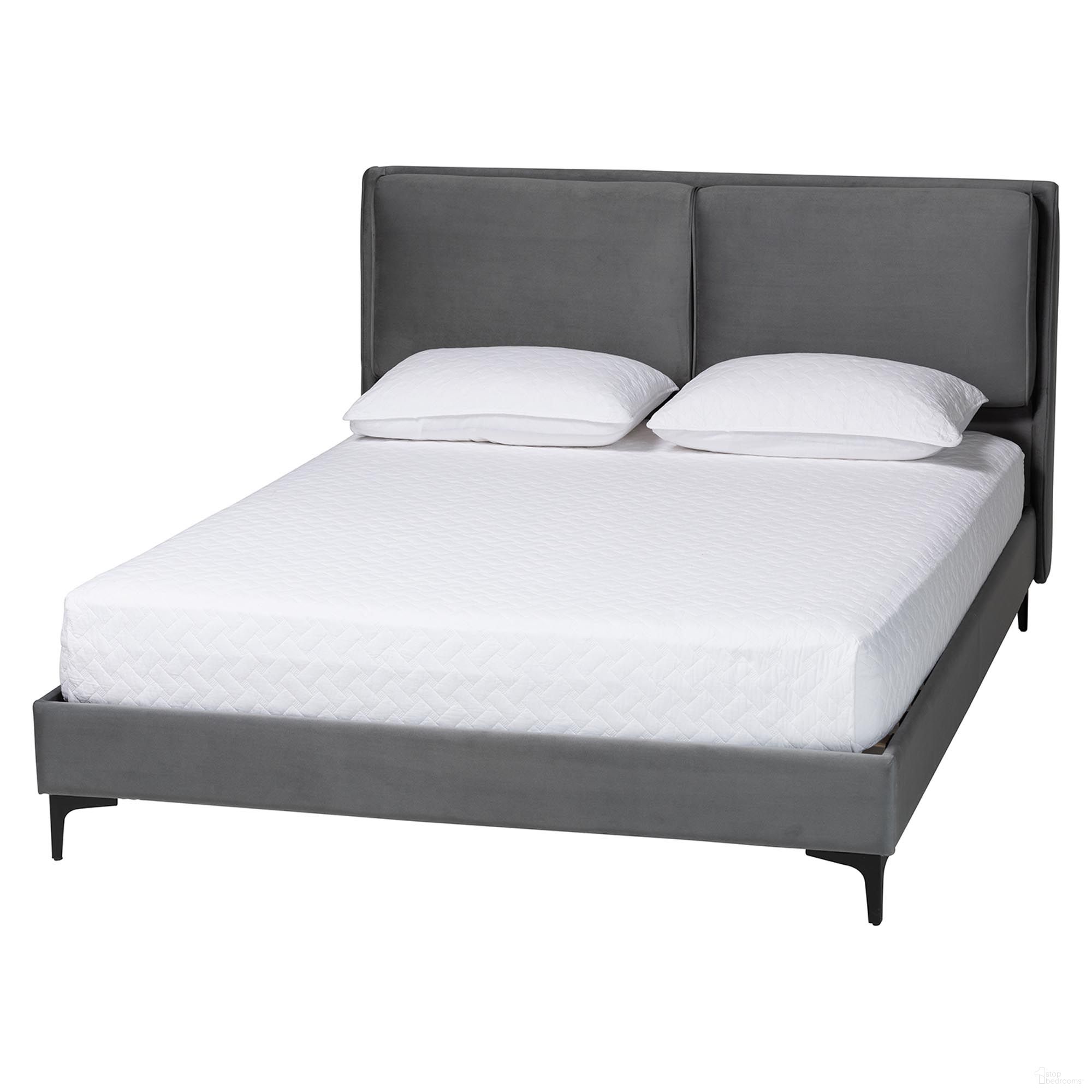 The appearance of Etienne Velvet Queen Platform Bed In Black and Slate Grey designed by Baxton Studio in the modern / contemporary interior design. This black and slate grey piece of furniture was selected by 1StopBedrooms from Etienne Collection to add a touch of cosiness and style into your home. Sku: BBT61231-Dark Grey-Queen. Bed Type: Platform Bed. Material: Polyester. Bed Size: Queen.