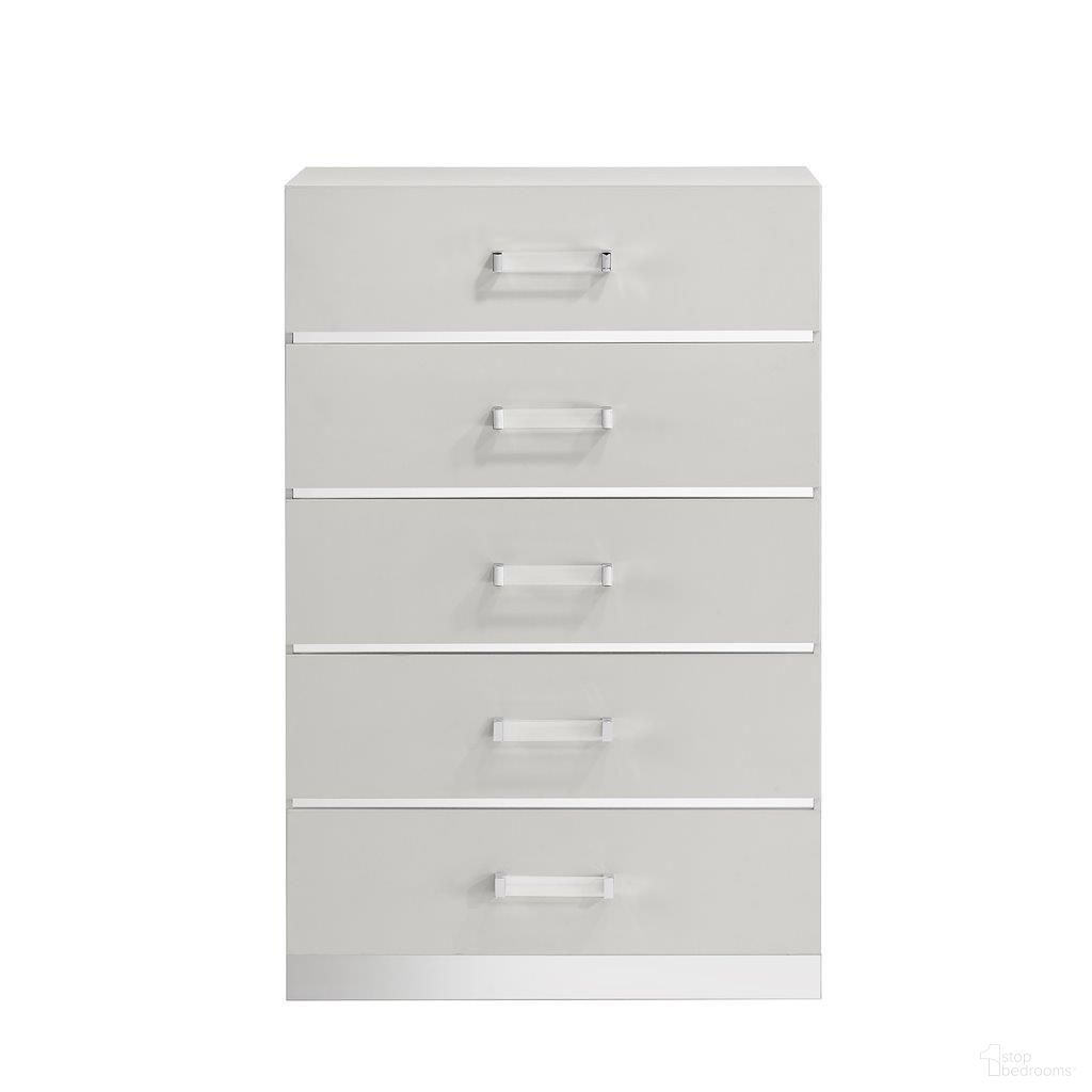 The appearance of Europa 5 Drawer Chest In White designed by New Classic in the glam interior design. This white piece of furniture  was selected by 1StopBedrooms from Europa Collection to add a touch of cosiness and style into your home. Sku: B1840-070. Material: Wood.