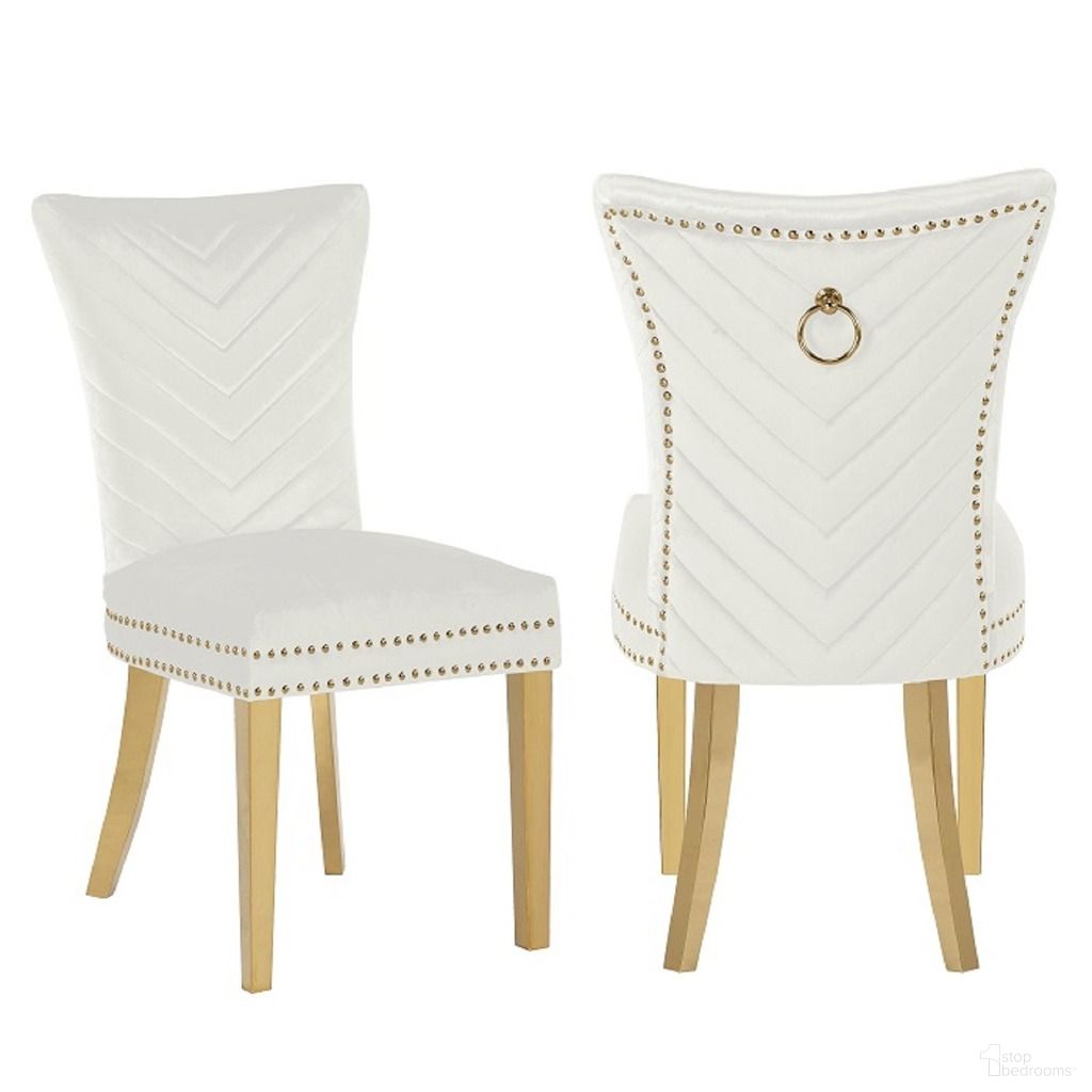 The appearance of Eva Velvet Fabric Dining Chair Set of 2 In Beige and Gold designed by Galaxy Home Furnishings in the modern / contemporary interior design. This gold and beige piece of furniture was selected by 1StopBedrooms from Eva Collection to add a touch of cosiness and style into your home. Sku: 698781484739. Material: Stainless Steel. Chair Type: Side Chair.