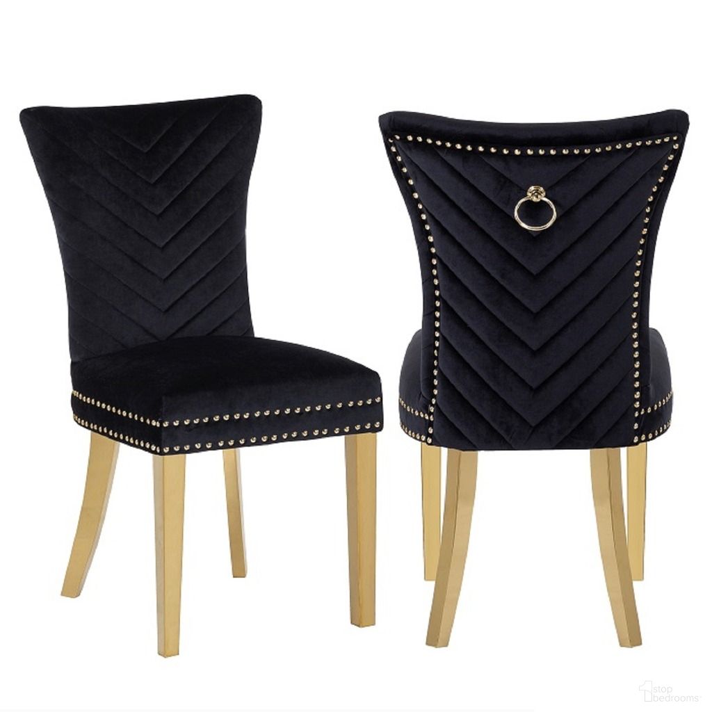 The appearance of Eva Velvet Fabric Dining Chair Set of 2 In Black and Gold designed by Galaxy Home Furnishings in the modern / contemporary interior design. This black/gold piece of furniture was selected by 1StopBedrooms from Eva Collection to add a touch of cosiness and style into your home. Sku: 698781245439. Material: Stainless Steel. Chair Type: Side Chair.
