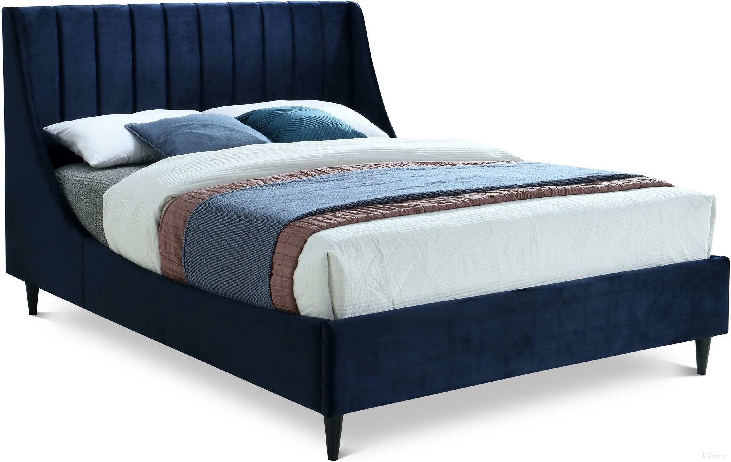The appearance of Eva Velvet Queen Bed In Navy designed by Meridian in the modern / contemporary interior design. This navy piece of furniture  was selected by 1StopBedrooms from Eva Collection to add a touch of cosiness and style into your home. Sku: EvaNavy-Q Box 1/2 (Headboard / Slats);EvaNavy-Q Box 2/2 (Footboard / Wings / Siderail / Legs). Bed Type: Panel Bed. Bed Size: Queen. Material: Velvet.