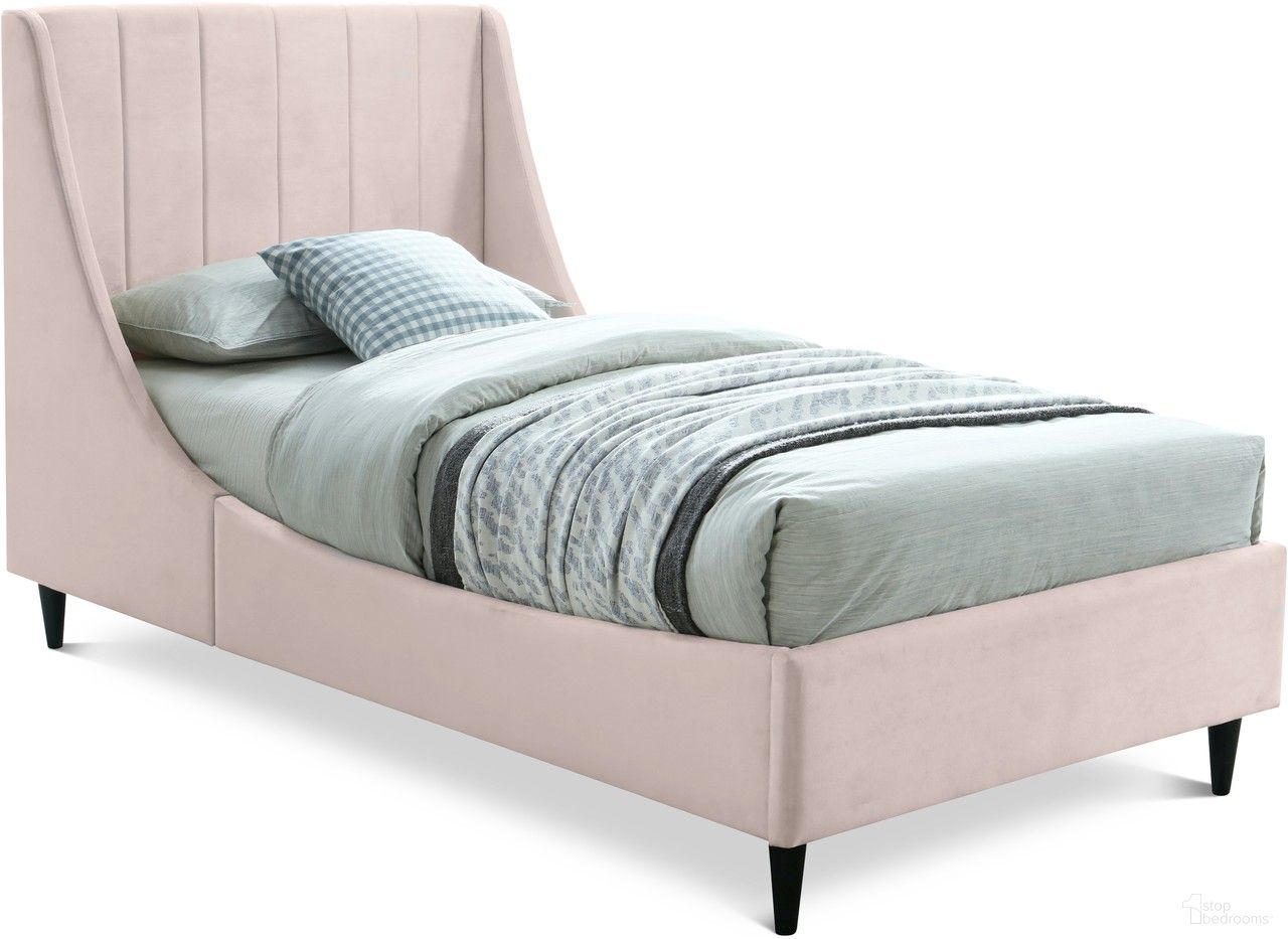The appearance of Eva Velvet Twin Bed In Pink designed by Meridian in the modern / contemporary interior design. This pink piece of furniture  was selected by 1StopBedrooms from Eva Collection to add a touch of cosiness and style into your home. Sku: EvaPink-T Box 1/2 (Headboard / Slats);EvaPink-T Box 2/2 (Footboard / Wings / Siderail / Legs). Bed Type: Panel Bed. Bed Size: Twin. Material: Velvet.