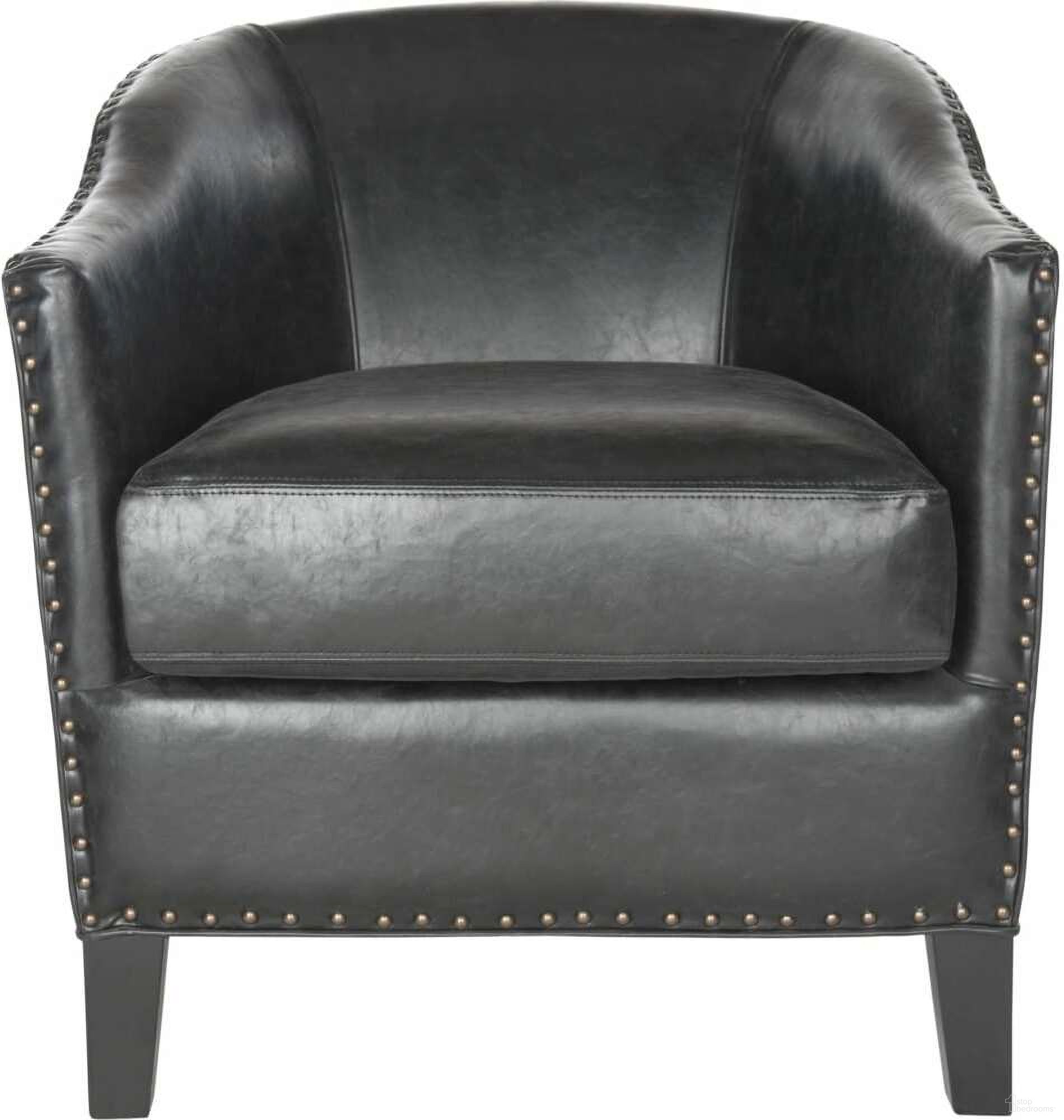 The appearance of Evander Antique Black Club Chair with Brass Nailhead Detail designed by Safavieh in the transitional interior design. This antique black piece of furniture was selected by 1StopBedrooms from Safavieh MCR Collection to add a touch of cosiness and style into your home. Sku: MCR4732A. Material: Stainless Steel.
