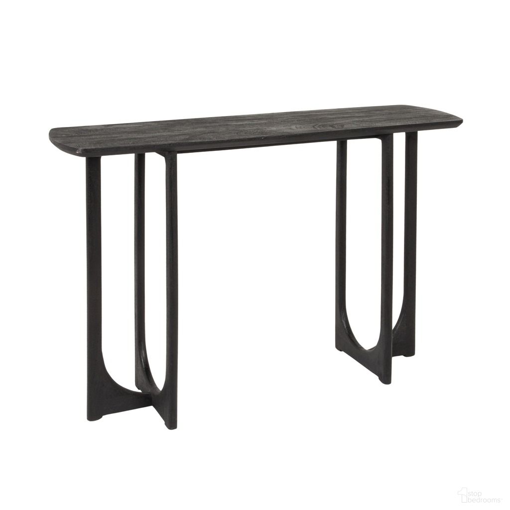 The appearance of Evander Curved-End Mango Wood Console Table In Black designed by Rowena Interiors in the modern / contemporary interior design. This black piece of furniture was selected by 1StopBedrooms from Evander Collection to add a touch of cosiness and style into your home. Sku: EC2214. Material: Mango Wood.