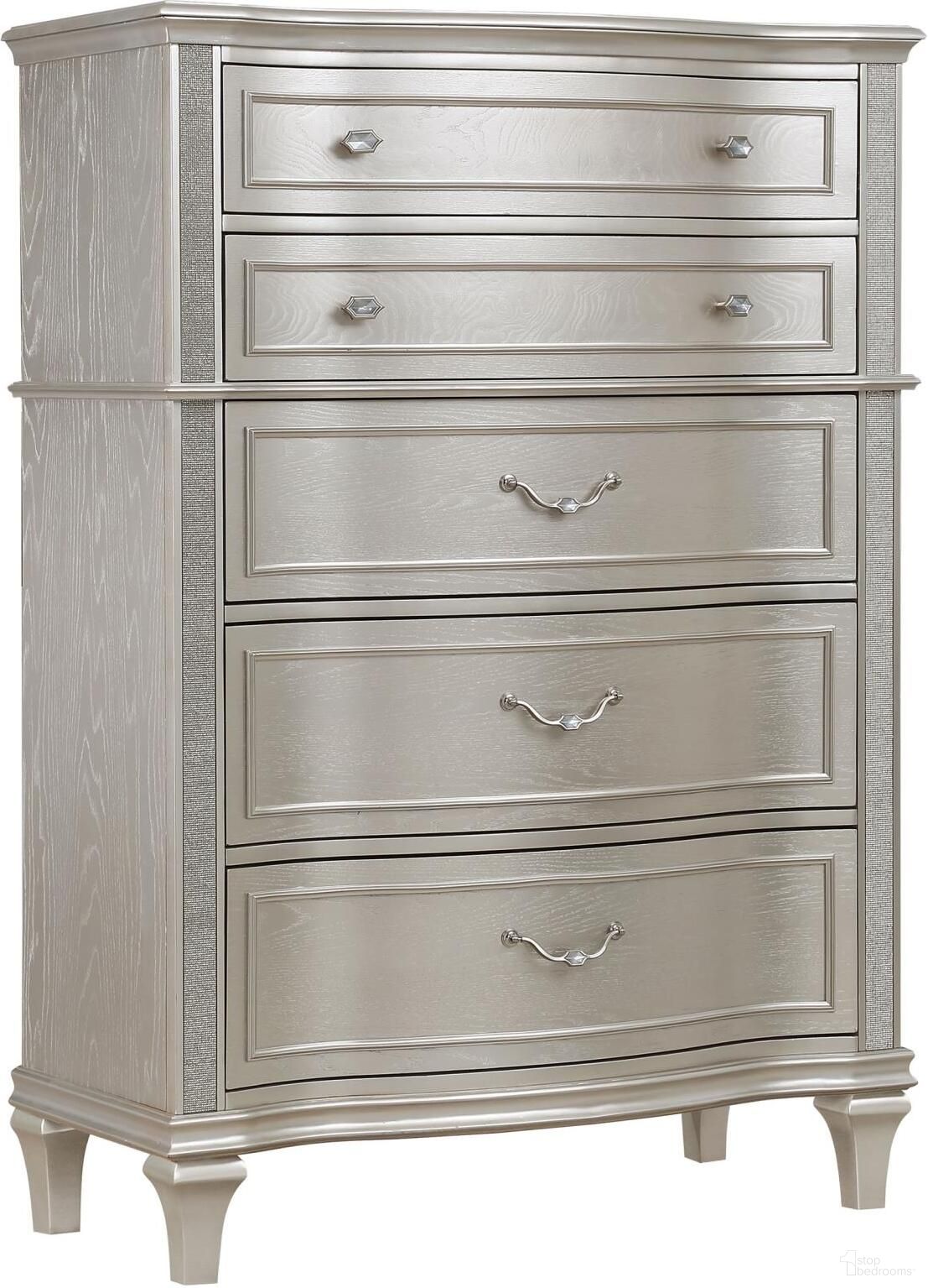 The appearance of Evangeline 6-drawer Chest Silver Oak designed by Coaster in the glam interior design. This silver oak piece of furniture was selected by 1StopBedrooms from Evangeline Collection to add a touch of cosiness and style into your home. Sku: 223395. Material: Wood.