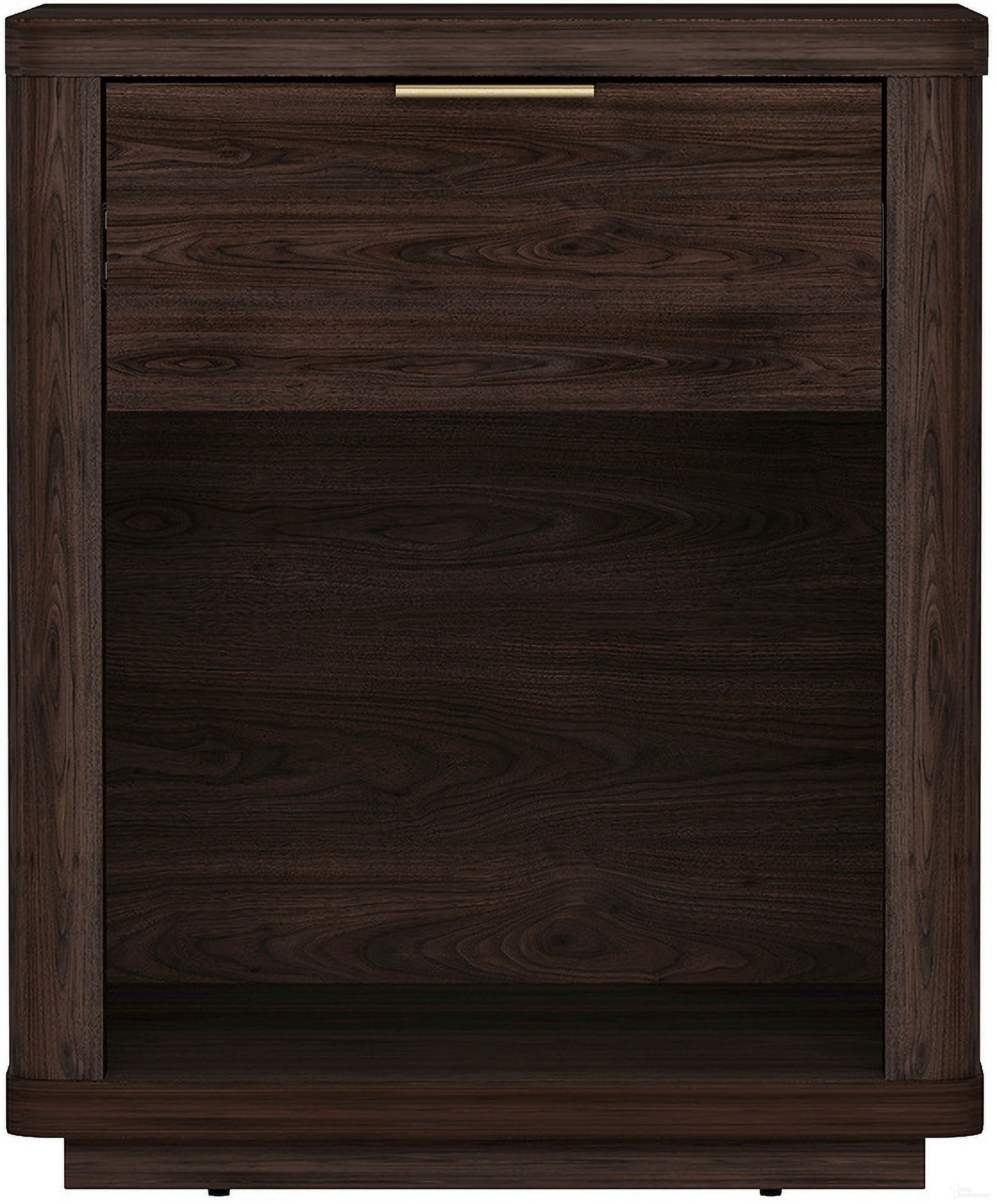 The appearance of Evelyn 1-Drawer Nightstand In Brown designed by Manhattan Comfort in the modern / contemporary interior design. This brown piece of furniture was selected by 1StopBedrooms from Evelyn Collection to add a touch of cosiness and style into your home. Sku: NS011-BR. Material: MDF.
