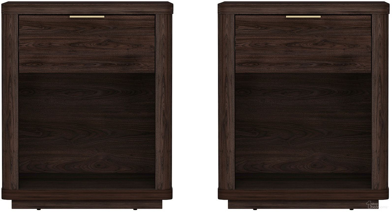 The appearance of Evelyn 1-Drawer Nightstand Set of 2 In Brown designed by Manhattan Comfort in the modern / contemporary interior design. This brown piece of furniture was selected by 1StopBedrooms from Evelyn Collection to add a touch of cosiness and style into your home. Sku: NS011-BR;NS011-BR. Material: MDF.