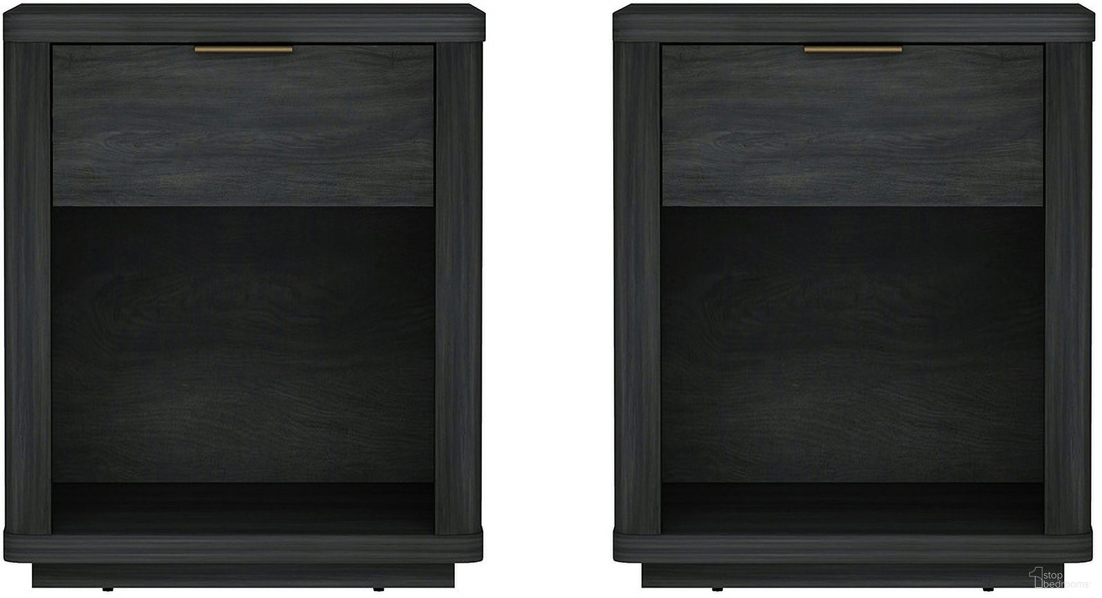 The appearance of Evelyn 1-Drawer Nightstand Set of 2 In Charcoal Grey designed by Manhattan Comfort in the modern / contemporary interior design. This charcoal grey piece of furniture  was selected by 1StopBedrooms from Evelyn Collection to add a touch of cosiness and style into your home. Sku: NS011-CH;NS011-CH. Material: MDF.