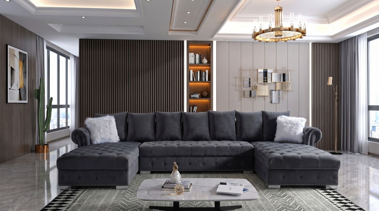 The appearance of Evelyn Grey Velvet 3 Piece Sectional designed by Premier Home in the modern / contemporary interior design. This grey piece of furniture was selected by 1StopBedrooms from Evelyn Collection to add a touch of cosiness and style into your home. Sku: FS376-GR-LC;FS376-GR-ML;FS376-GR-RC. Material: Velvet. Layout: U-Shape.