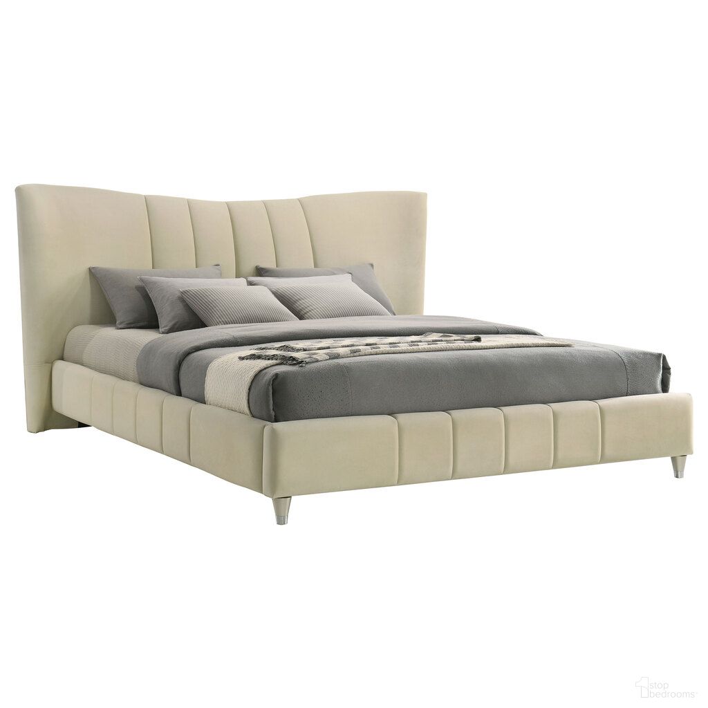 The appearance of Evelyn Upholstered Eastern King Panel Platform Bed In Ivory designed by Coaster in the modern / contemporary interior design. This ivory piece of furniture was selected by 1StopBedrooms from Evelyn Collection to add a touch of cosiness and style into your home. Sku: 315956KEB1;315956KEB2. Bed Type: Platform Bed. Material: Wood. Bed Size: King.