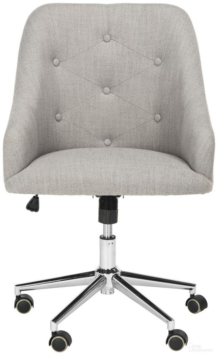 The appearance of Evelynn Tufted Linen Chrome Leg Swivel Office Chair in Grey designed by Safavieh in the modern / contemporary interior design. This grey piece of furniture  was selected by 1StopBedrooms from Evelynn Collection to add a touch of cosiness and style into your home. Sku: OCH4502A. Material: Metal.