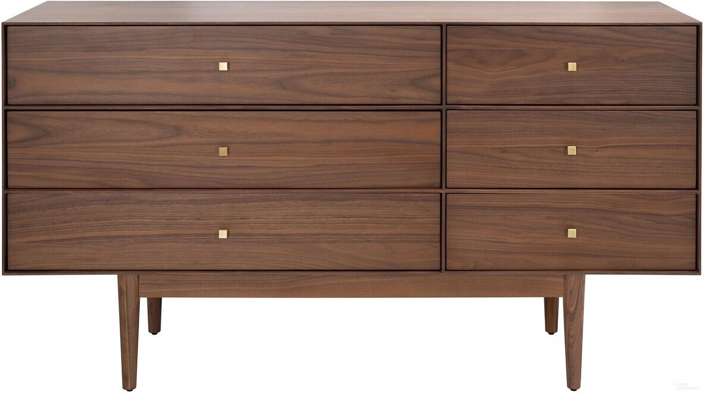 The appearance of Ever 6 Drawer Dresser In Walnut designed by Safavieh Couture in the transitional interior design. This walnut piece of furniture was selected by 1StopBedrooms from Ever Collection to add a touch of cosiness and style into your home. Sku: SFV7213A. Material: Wood.