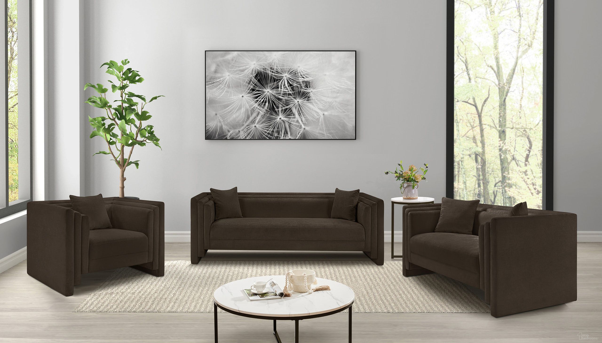 The appearance of Everett Chenille Fabric Living Room Set In Brown designed by Meridian in the modern / contemporary interior design. This brown piece of furniture  was selected by 1StopBedrooms from Everett Collection to add a touch of cosiness and style into your home. Sku: 44068Brown-S;44068Brown-L. Material: Chenille.