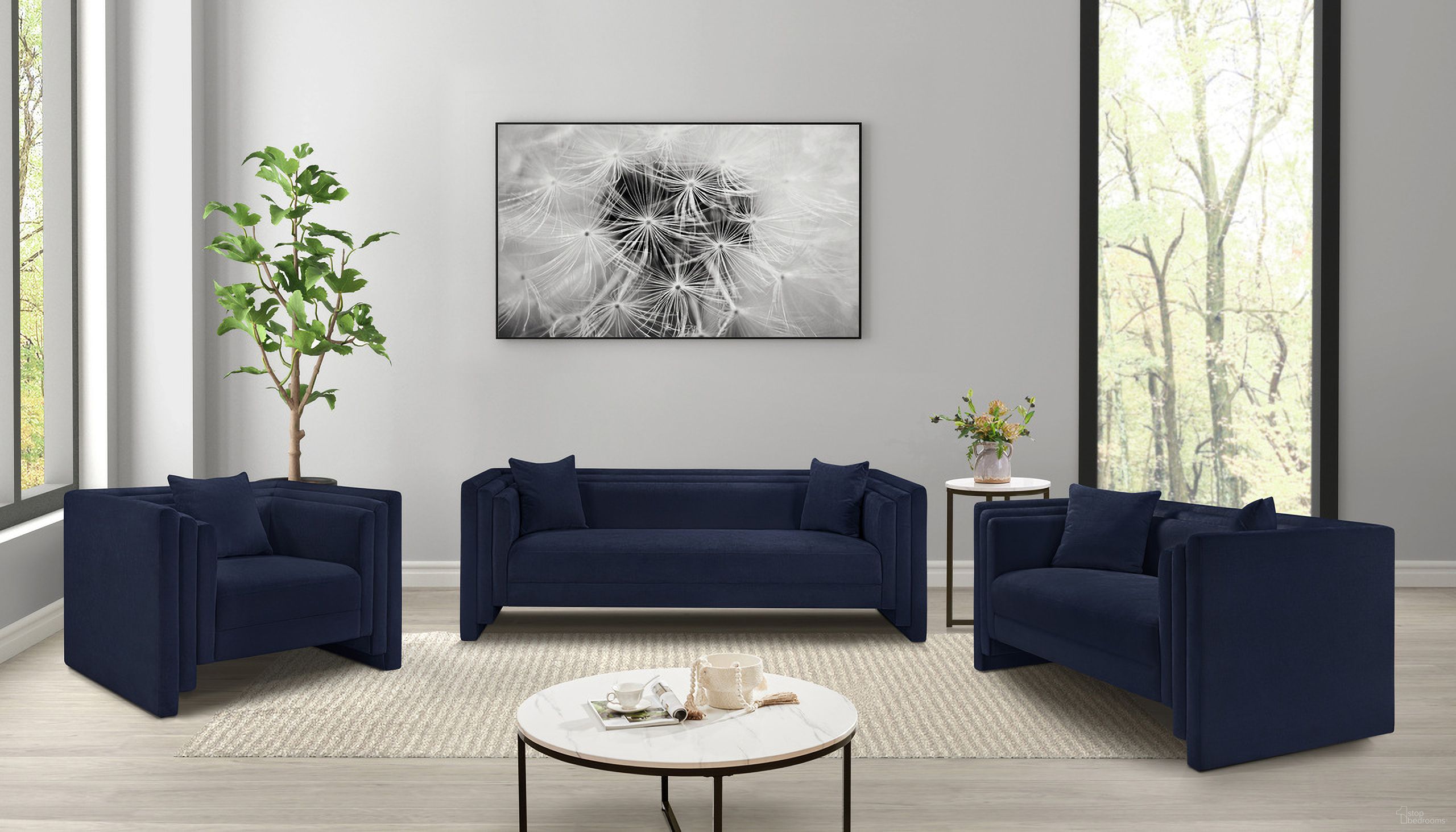 The appearance of Everett Chenille Fabric Living Room Set In Navy designed by Meridian in the modern / contemporary interior design. This navy piece of furniture was selected by 1StopBedrooms from Everett Collection to add a touch of cosiness and style into your home. Sku: 44068Navy-S;44068Navy-L. Material: Chenille.