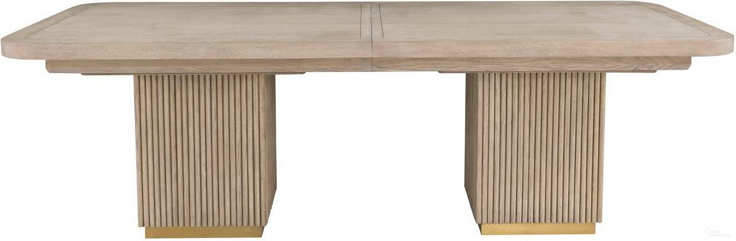 The appearance of Everett Double Pedestal Dining Table In Biscotti designed by Fairfield Chair in the modern / contemporary interior design. This biscotti piece of furniture  was selected by 1StopBedrooms from Everett Collection to add a touch of cosiness and style into your home. Sku: 8030-DT. Table Base Style: Double Pedestal. Table Top Shape: Rectangular. Material: Brass. Size: 46" x 101".