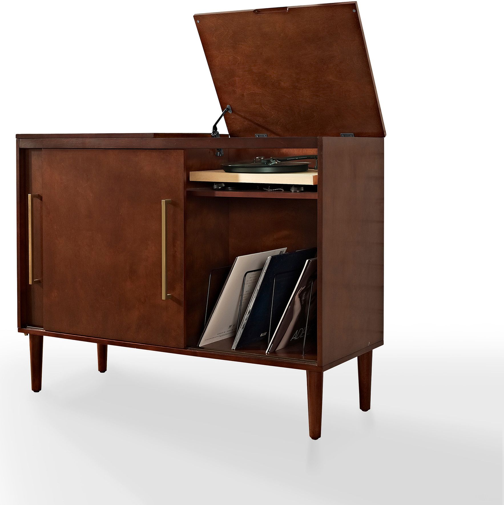 The appearance of Everett Record Storage Media Console In Mahogany designed by Crosley Brands in the transitional interior design. This mahogany piece of furniture was selected by 1StopBedrooms from Everett Collection to add a touch of cosiness and style into your home. Sku: CF1103-MA. Material: MDF.