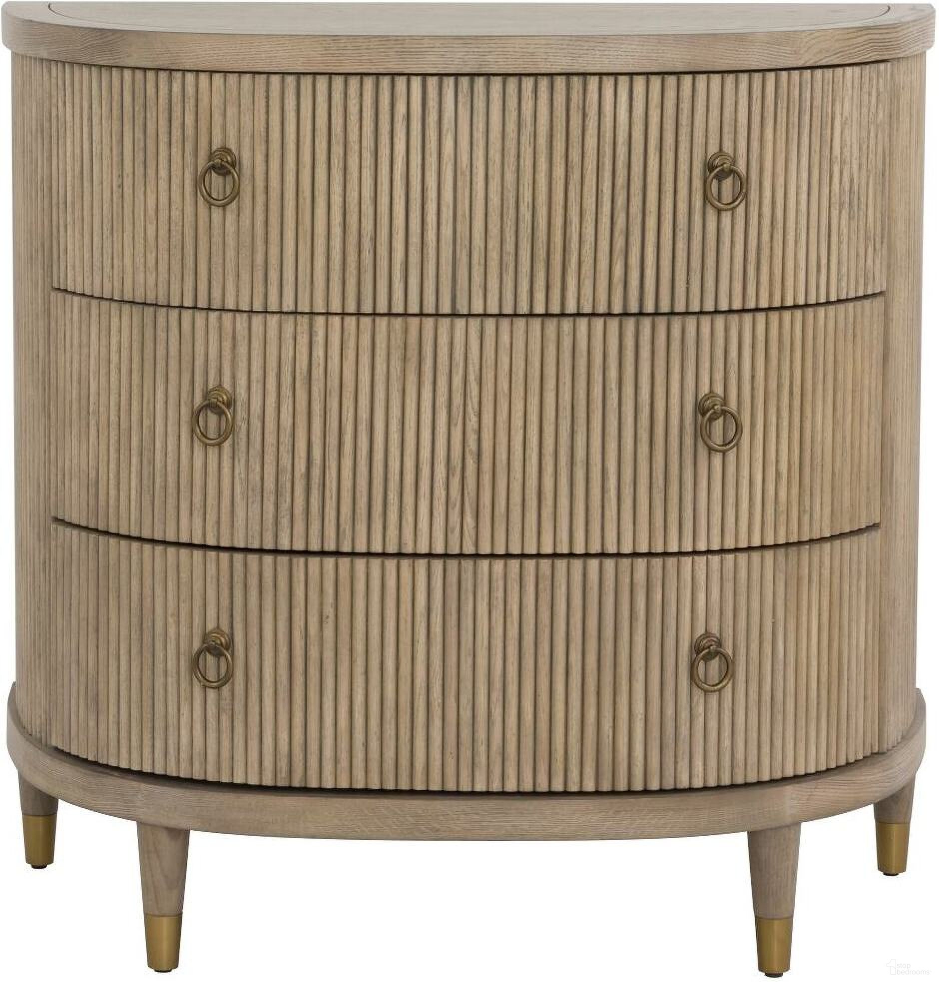 The appearance of Everett Three Drawer Demilune Chest In Biscotti designed by Fairfield Chair in the modern / contemporary interior design. This biscotti piece of furniture  was selected by 1StopBedrooms from Everett Collection to add a touch of cosiness and style into your home. Sku: 8030-AC. Material: Solid Oak.
