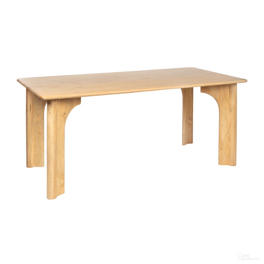 The appearance of Everly Rectangular Mango Wood Dining Table with Arched Base In Natural designed by Rowena Interiors in the modern / contemporary interior design. This natural piece of furniture  was selected by 1StopBedrooms from Everly Collection to add a touch of cosiness and style into your home. Sku: EC1999. Table Base Style: Legs. Table Top Shape: Rectangular. Size: 35" x 71". Material: Mango Wood.