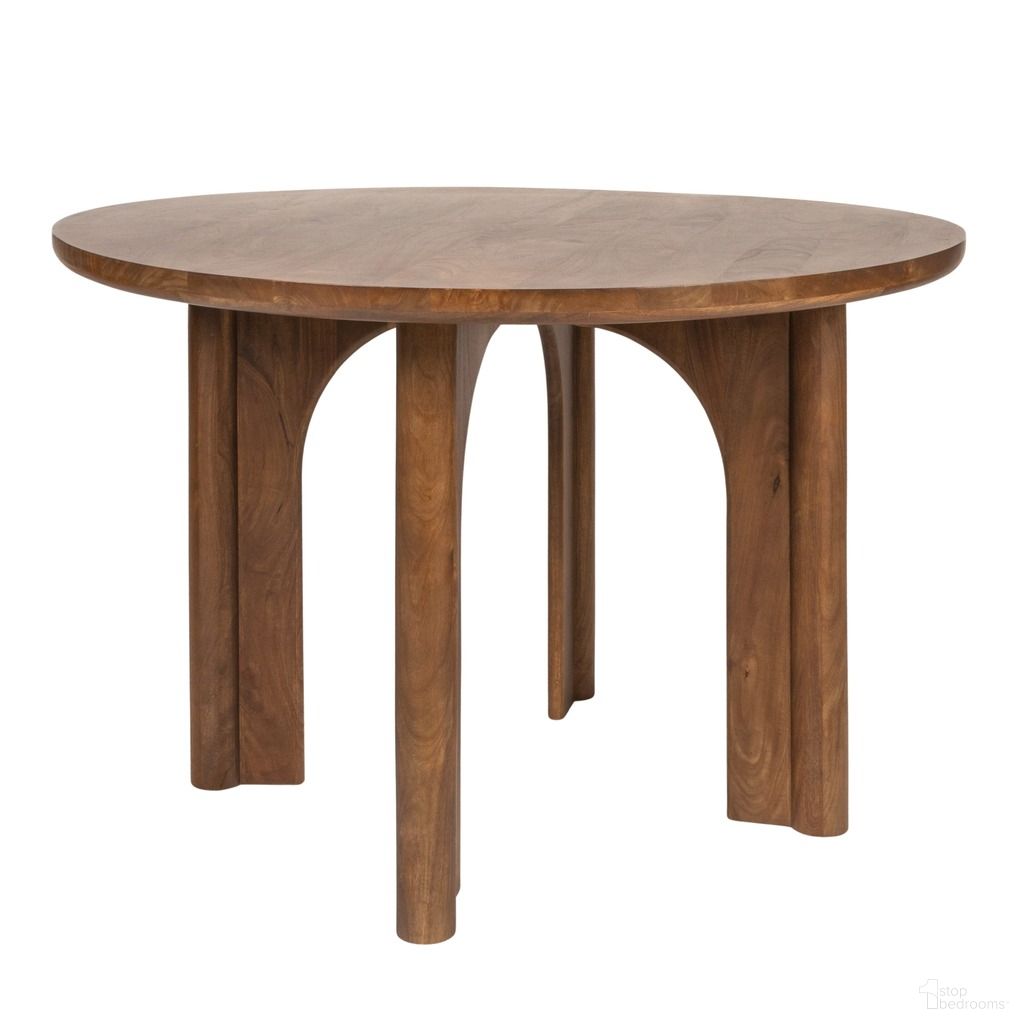 The appearance of Everly Round Mango Wood Dining Table with Arched Base In Walnut designed by Rowena Interiors in the modern / contemporary interior design. This walnut piece of furniture  was selected by 1StopBedrooms from Everly Collection to add a touch of cosiness and style into your home. Sku: EC2000. Table Base Style: Legs. Table Top Shape: Round. Size: 47". Material: Mango Wood.