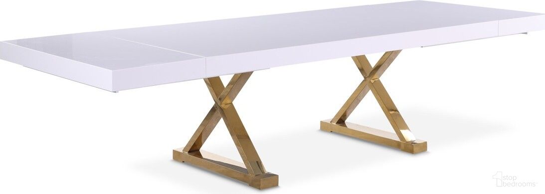 The appearance of Excel Lacquer Extendable Dining Table In White and Gold designed by Meridian in the modern / contemporary interior design. This white piece of furniture  was selected by 1StopBedrooms from Excel Collection to add a touch of cosiness and style into your home. Sku: 994-T Box 1/3 (Table Top);994-T Box 2/3 (Leaf);994-T Box 3/3 (Base). Table Base Style: Double Pedestal. Material: Wood. Table Top Shape: Rectangular. Size: 43" x 84".