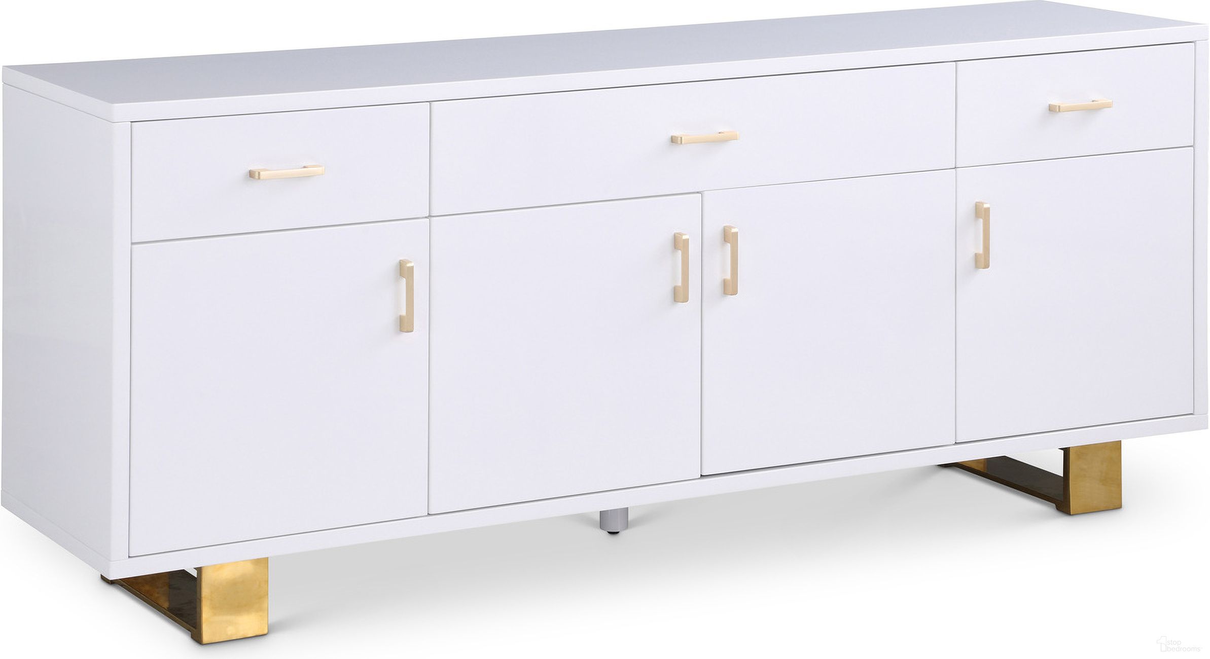 The appearance of Excel Lacquer Sideboard/Buffet In White and Gold designed by Meridian in the modern / contemporary interior design. This white and gold piece of furniture  was selected by 1StopBedrooms from Excel Collection to add a touch of cosiness and style into your home. Sku: 355. Material: Engineered Wood.