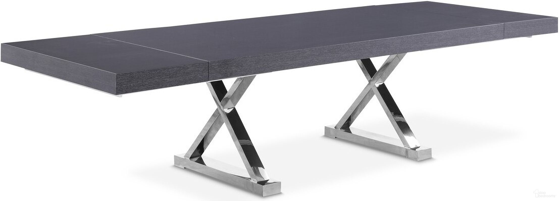 The appearance of Excel Veneer Lacquer Extendable Retangular Dining Table In Grey Oak/Chrome designed by Meridian in the modern / contemporary interior design. This gray oak piece of furniture  was selected by 1StopBedrooms from Excel Collection to add a touch of cosiness and style into your home. Sku: 998-T Box 1/3 (Table Top);998-T Box 2/3 (Leaf);998-T Box 3/3 (Base). Table Base Style: Double Pedestal. Material: Wood. Table Top Shape: Rectangular. Size: 43" x 84".