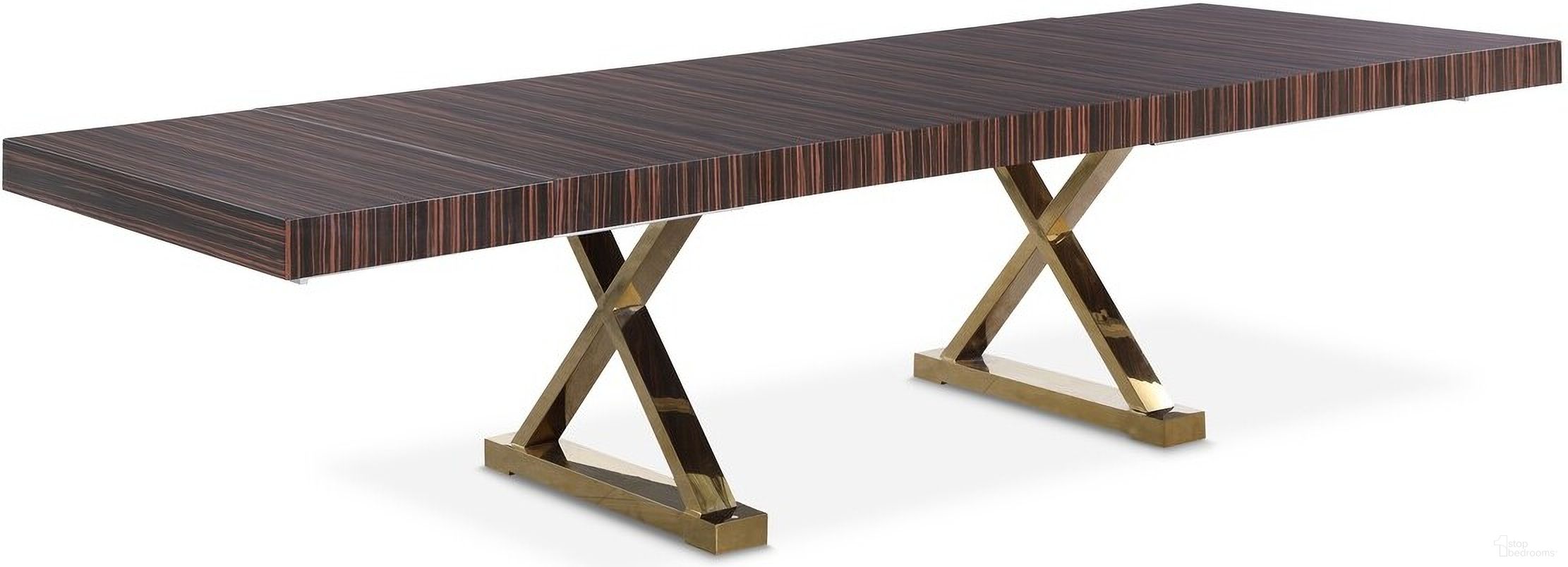 The appearance of Excel Zebra Wood Veneer Lacquer Extendable Dining Table In Brown designed by Meridian in the modern / contemporary interior design. This brown piece of furniture was selected by 1StopBedrooms from Excel Collection to add a touch of cosiness and style into your home. Sku: 996-T Box 1/3 (Table Top);996-T Box 2/3 (Leaf);996-T Box 3/3 (Base). Table Base Style: Double Pedestal. Material: Wood. Table Top Shape: Rectangular. Size: 43" x 84".