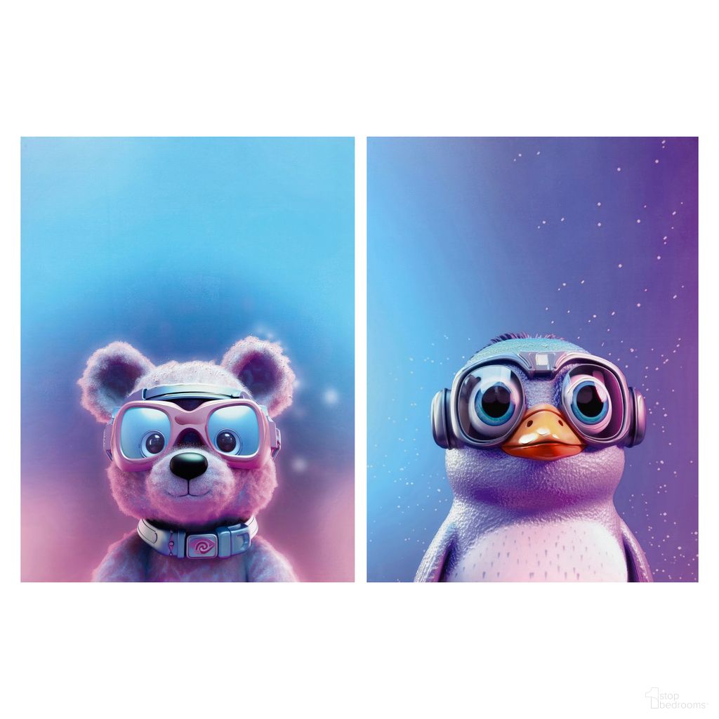 Expressive Space Explorers Bear and Penguin Duo Canvas Wall Art Set of 2 In Multi