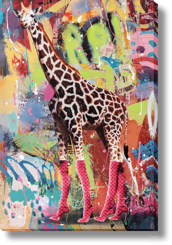 Expressive Urban Safari Giraffe in Heels Canvas Wall Art In Pink