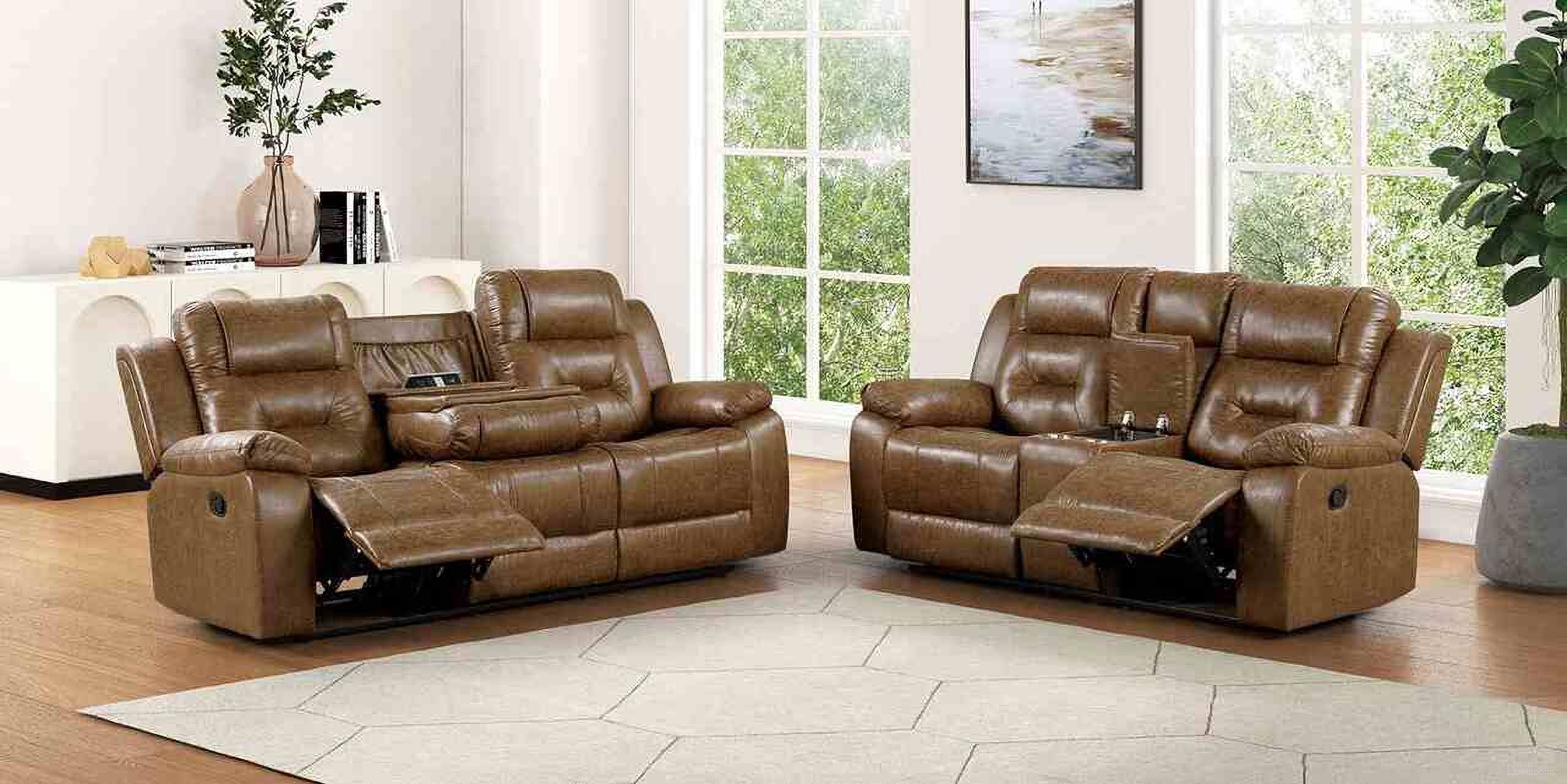 The appearance of Ezekius Manual Recline Living Room Set In Brown designed by Furniture of America in the transitional interior design. This brown piece of furniture  was selected by 1StopBedrooms from Ezekius Collection to add a touch of cosiness and style into your home. Sku: FM6011BR-SF-M;FM6011BR-LV-M. Material: Fiber.