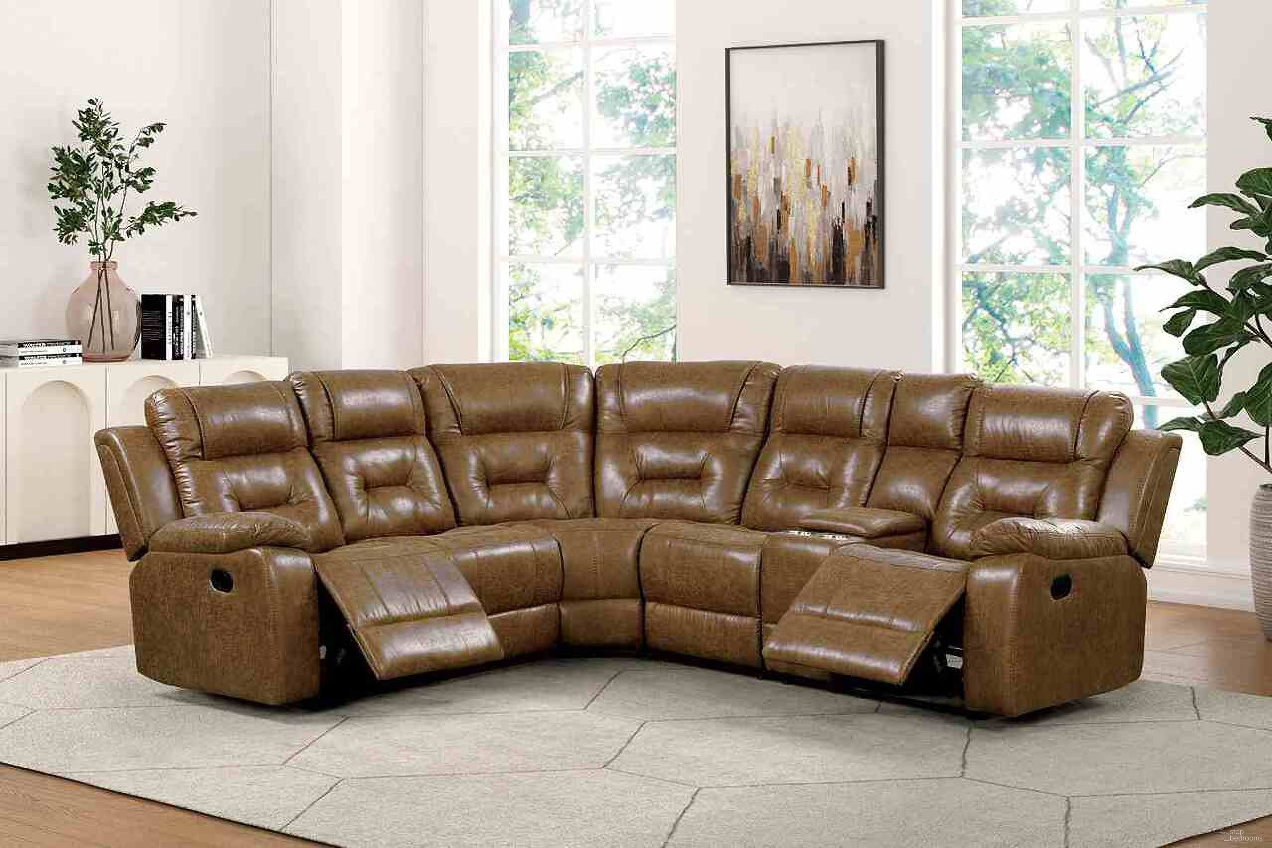 The appearance of Ezekius Manual Sectional In Brown designed by Furniture of America in the transitional interior design. This brown piece of furniture was selected by 1StopBedrooms from Ezekius Collection to add a touch of cosiness and style into your home. Sku: FM6011BR-CNR;FM6011BR-LLV-M;FM6011BR-RLV-M. Material: Leather. Layout: L-Shape.