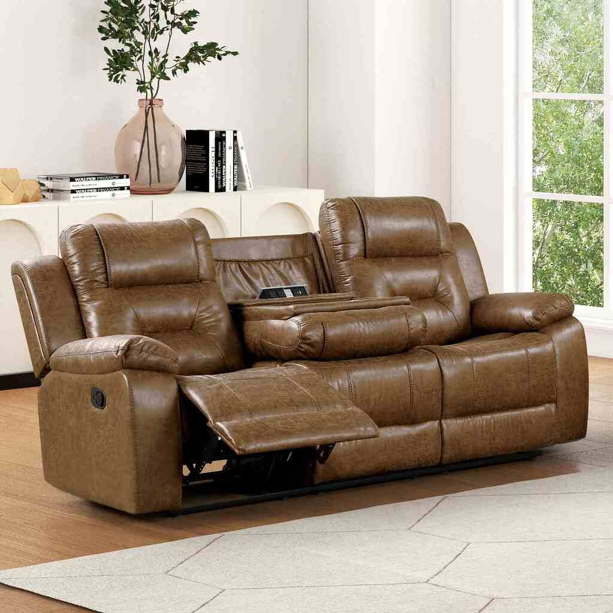 The appearance of Ezekius Sofa In Manual Recline In Brown designed by Furniture of America in the transitional interior design. This brown piece of furniture was selected by 1StopBedrooms from Ezekius Collection to add a touch of cosiness and style into your home. Sku: FM6011BR-SF-M. Material: Leather.