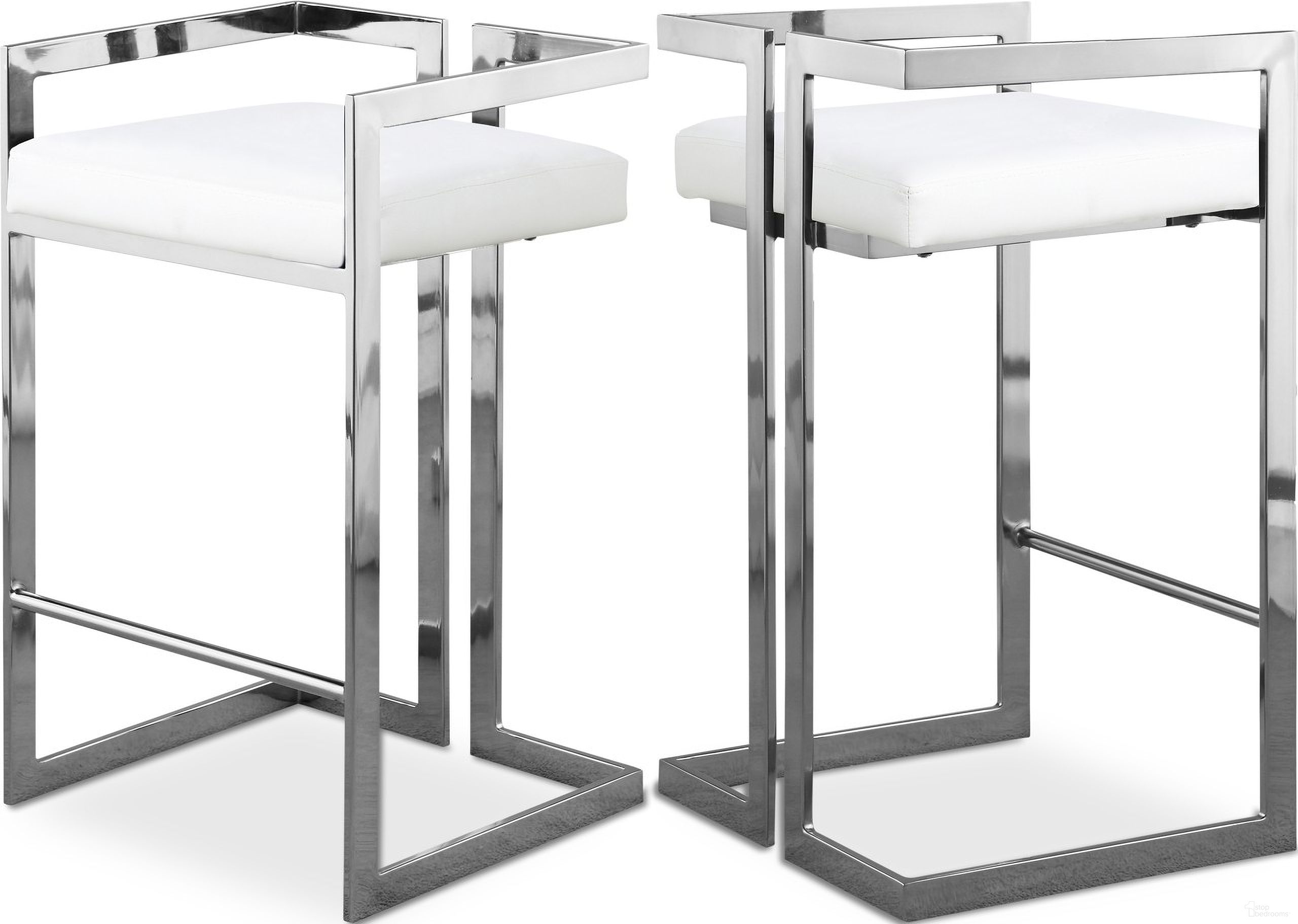 The appearance of Ezra Vegan Leather Stool Set of 2 In White/Chrome designed by Meridian in the modern / contemporary interior design. This white piece of furniture was selected by 1StopBedrooms from Ezra Collection to add a touch of cosiness and style into your home. Sku: 910White-C. Material: Steel.