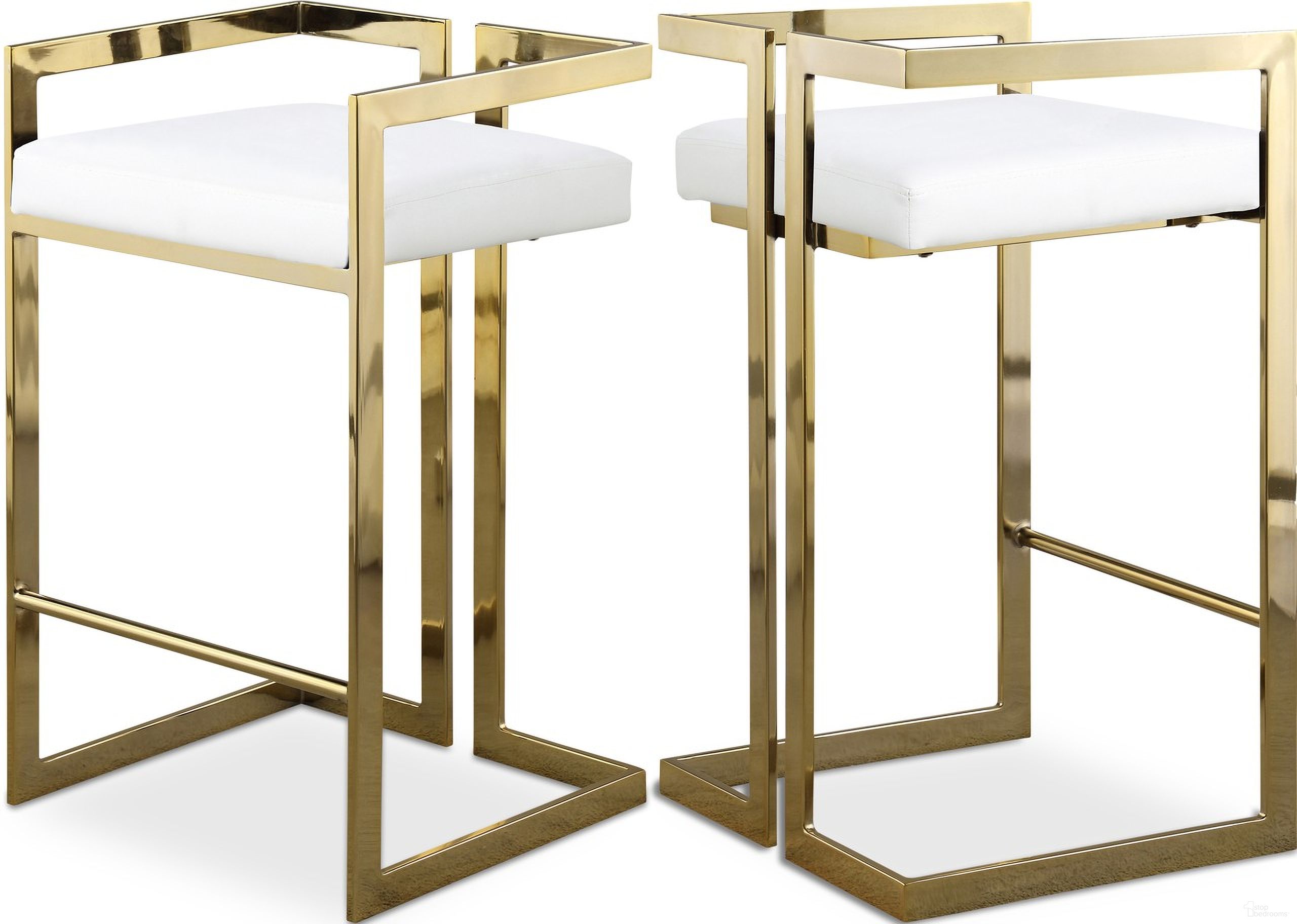The appearance of Ezra Vegan Leather Stool Set of 2 In White/Gold designed by Meridian in the modern / contemporary interior design. This white piece of furniture  was selected by 1StopBedrooms from Ezra Collection to add a touch of cosiness and style into your home. Sku: 913White-C. Material: Steel.