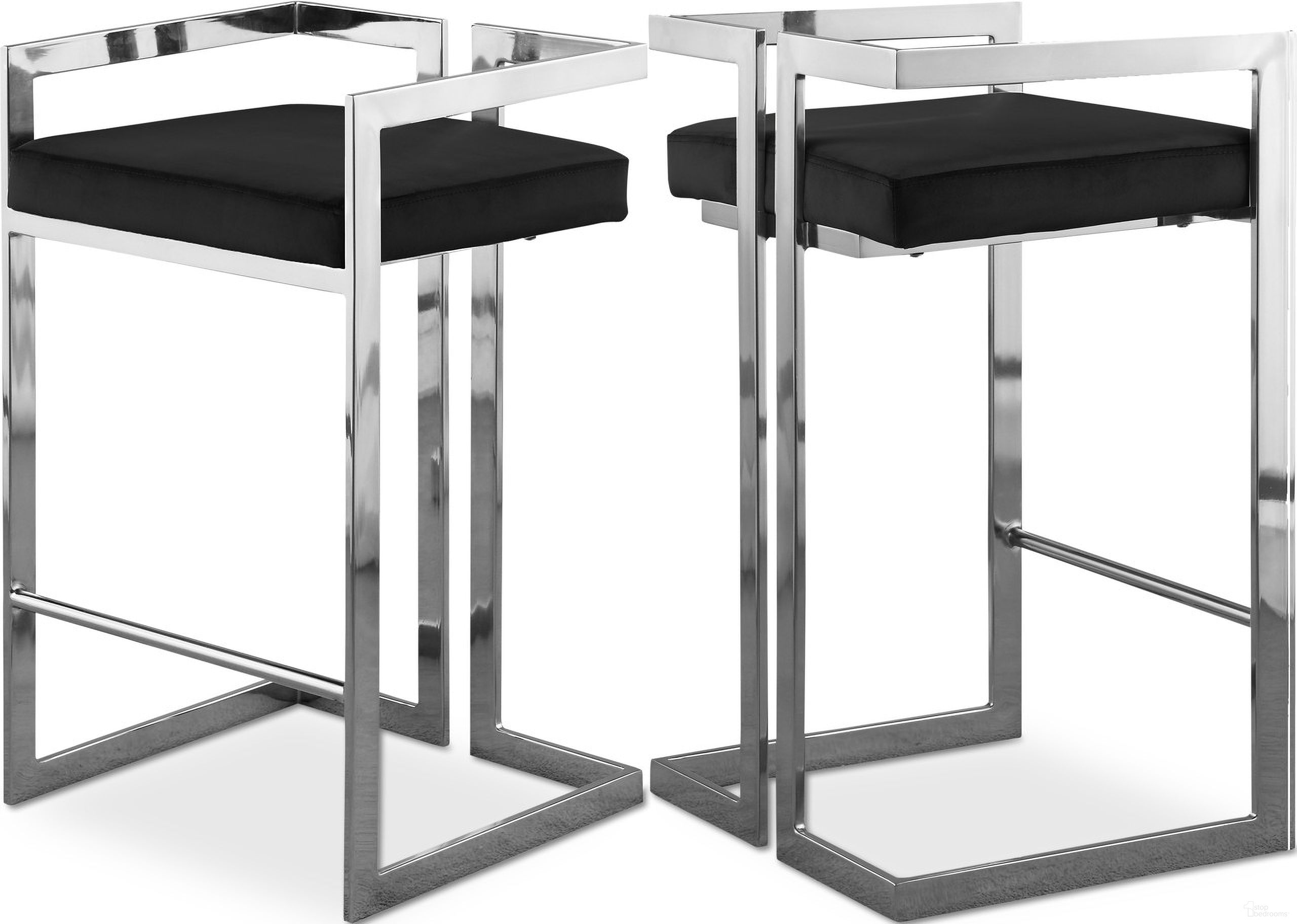 The appearance of Ezra Velvet Stool Set of 2 In Black/Chrome designed by Meridian in the modern / contemporary interior design. This black piece of furniture was selected by 1StopBedrooms from Ezra Collection to add a touch of cosiness and style into your home. Sku: 909Black-C. Material: Velvet.